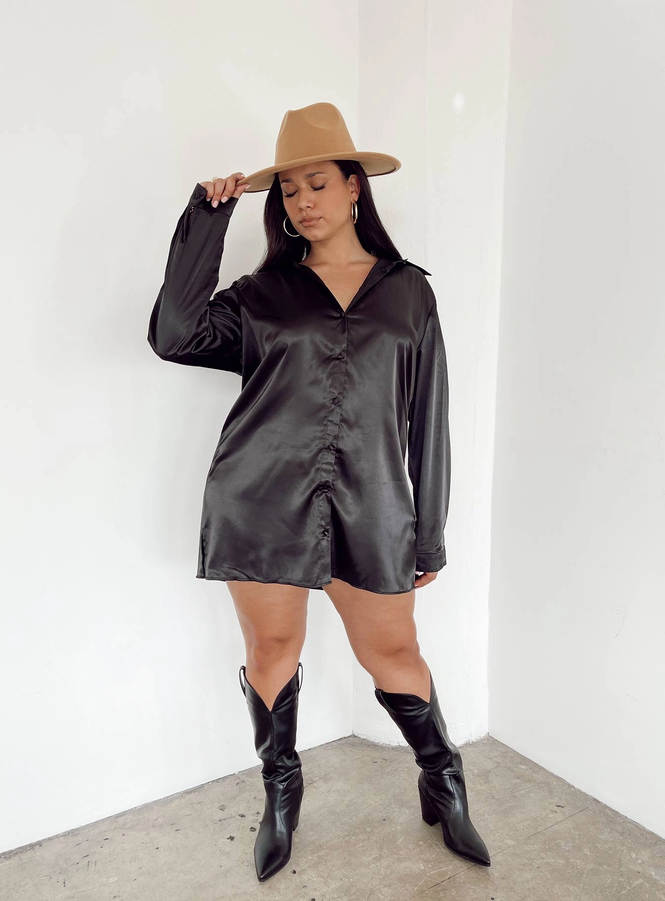 Transitional-Wear Edgy Twist 90210 Satin Shirt Mini Dress Black Curve
