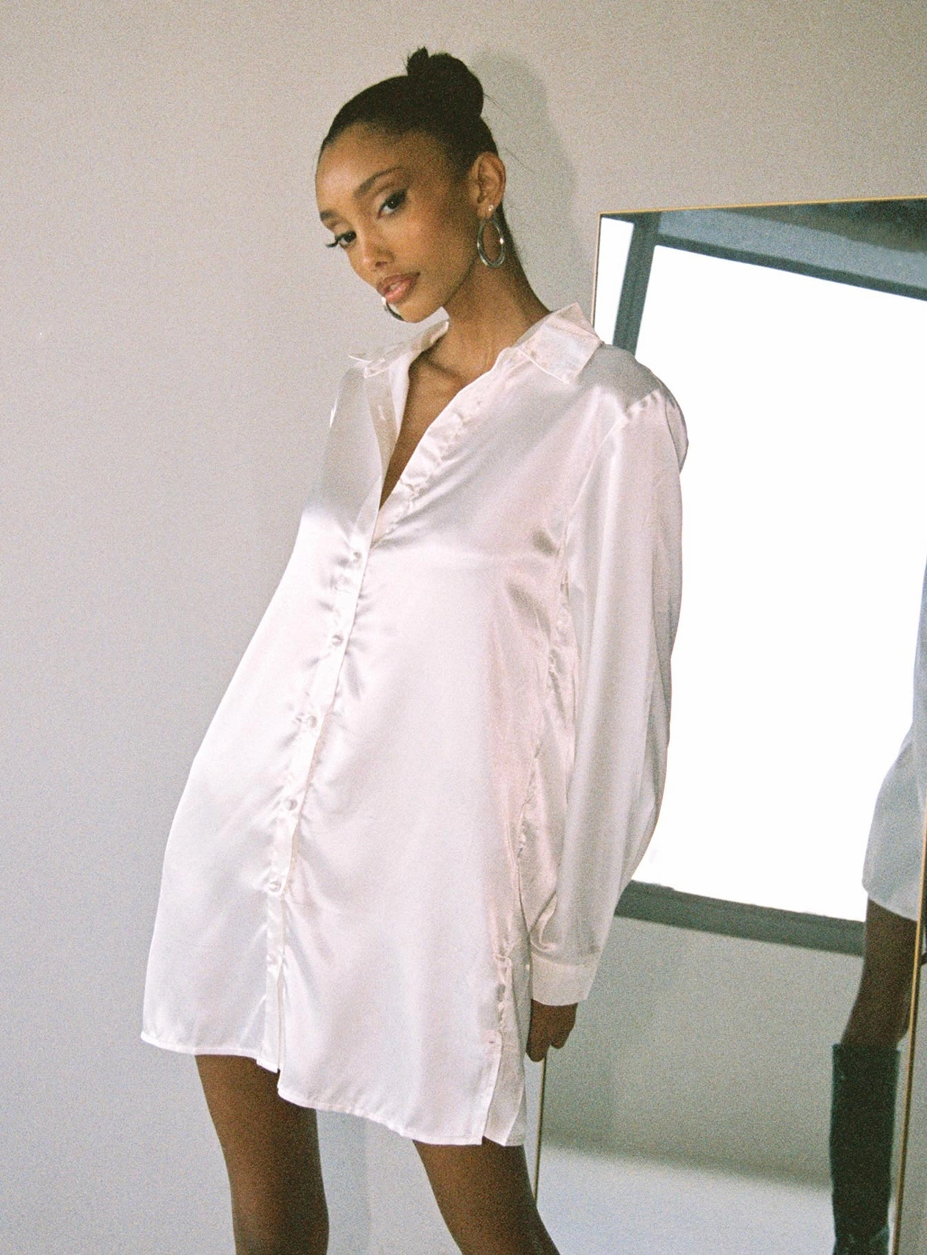 90210 Satin Shirt Mini Dress White Light Sheen
