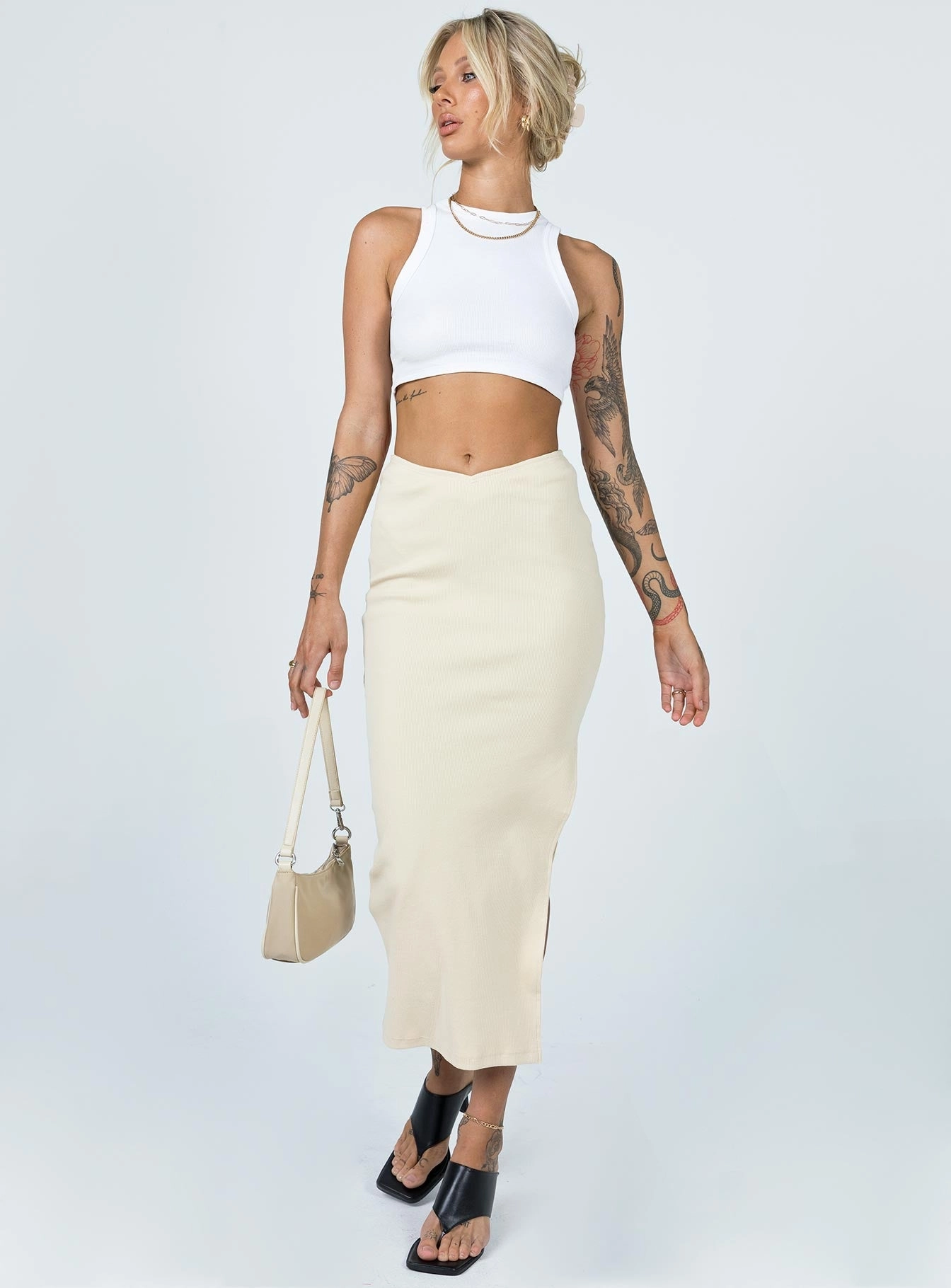 Mix Texture Minimalist Layering Abigail Midi Skirt Cream