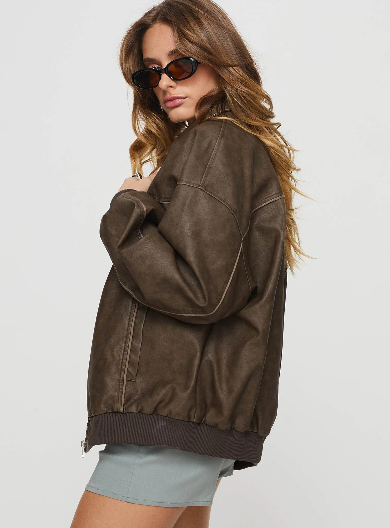 Non Irritating Tags Goldsmith Faux Leather Bomber Jacket Washed Dark Brown
