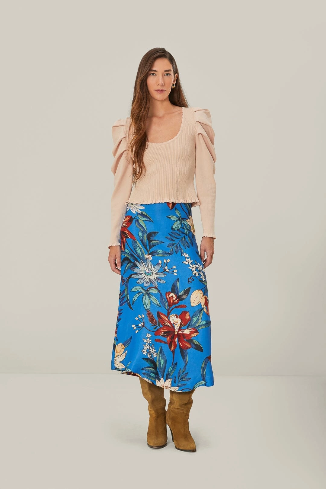 Hand Painted Blue Surreal Flowers LENZING? ECOVERO? Midi Skirt