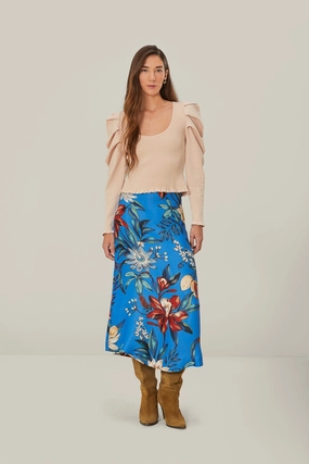 Hand Painted Blue Surreal Flowers LENZING? ECOVERO? Midi Skirt
