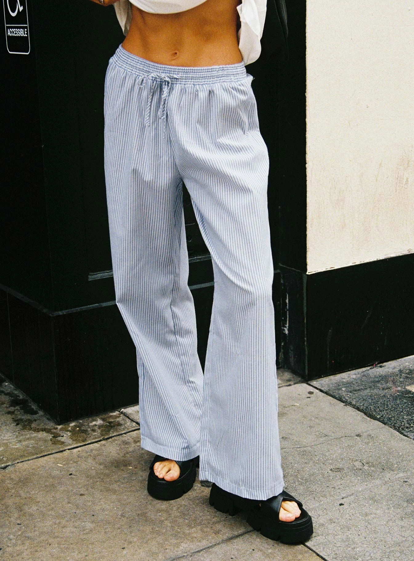 Warm Layer Chill Comfort Holiday Tie Front Pant Blue/ White Stripe Petite