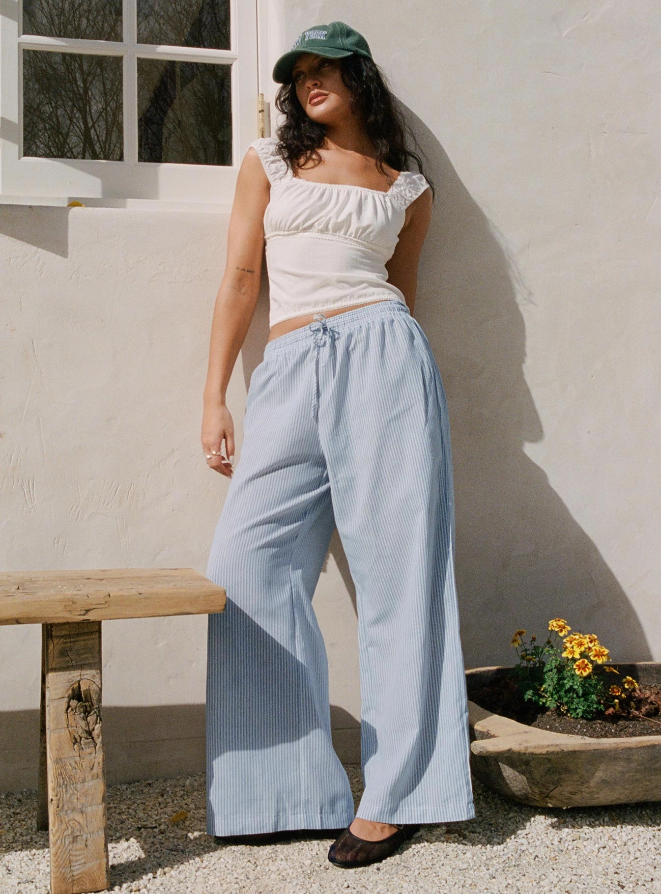 Stretch Comfort Sustainable Material Blend Holiday Tie Front Pant Blue/ White Stripe Petite