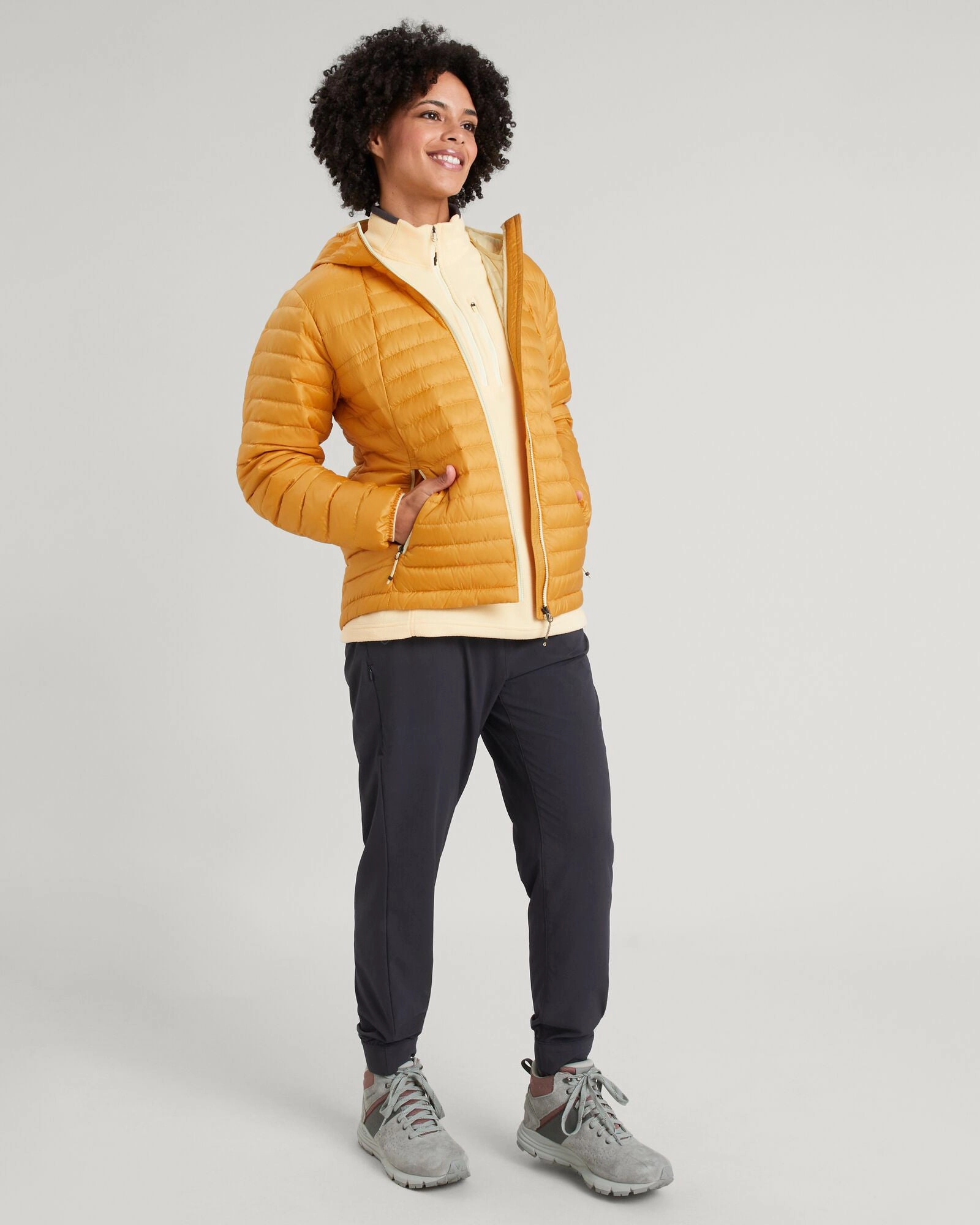 Women's Heli R Hooded Down Jacket - Mustard Yellow Secure Closure Systems