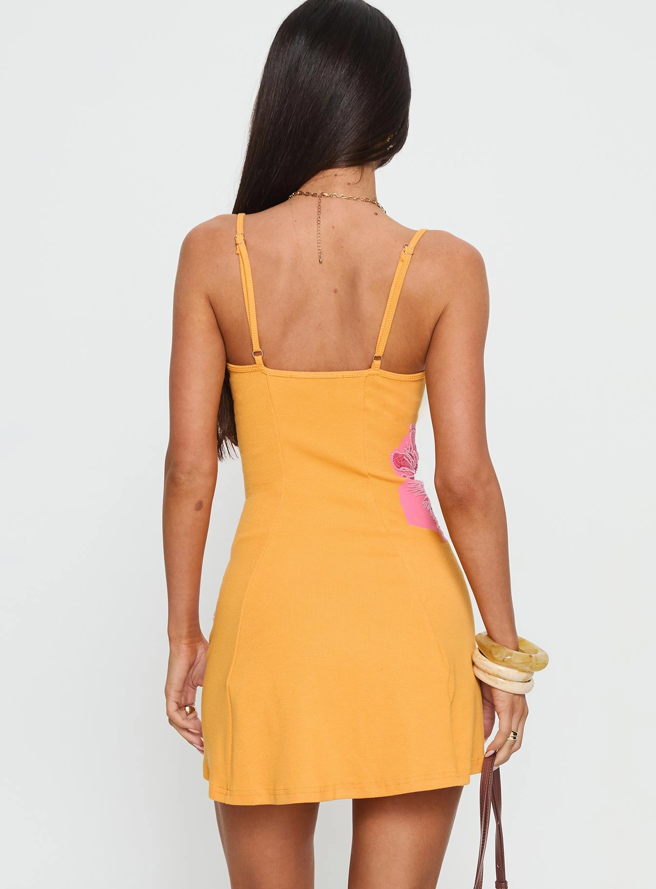 Admiration Bead Detail Mini Dress Orange Shiny surface