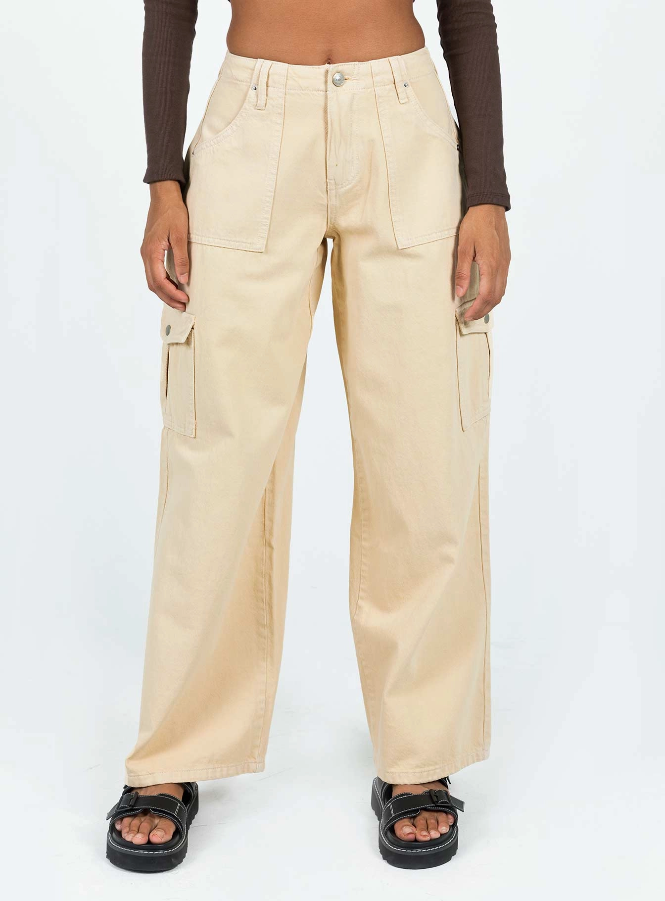 Base Style High Durability Adrianne Wide Leg Cargo Jeans Stone