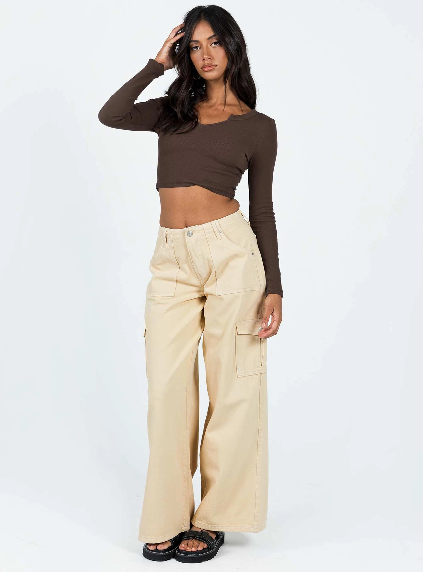 Cool And Clean Adrianne Wide Leg Cargo Jeans Stone