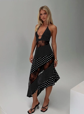 Down With Love Asymmetrical Midi Dress Black / White Polka Essential Piece