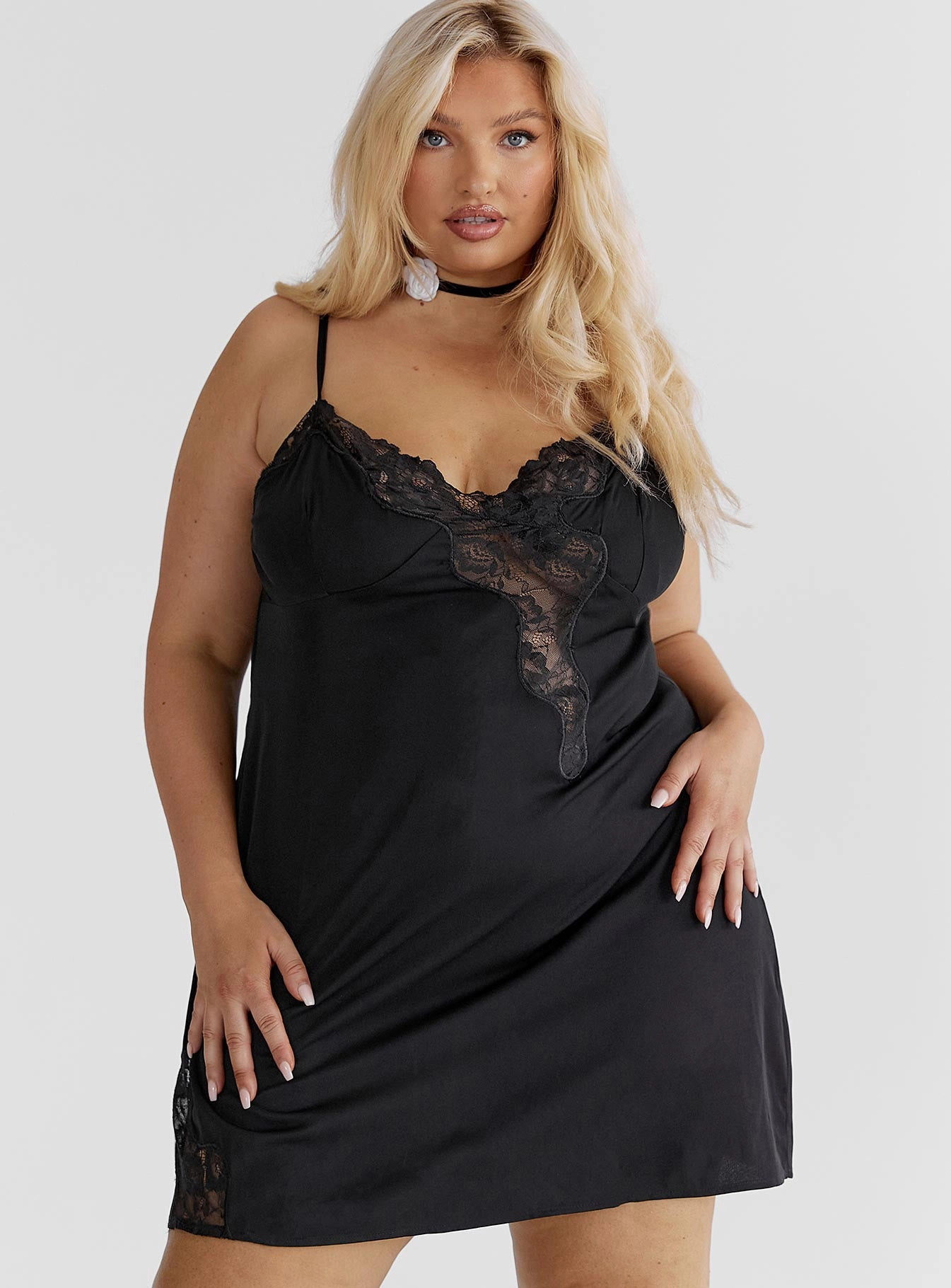 Inner lining Anytime Fit Agnola Lace Trim Mini Dress Black Curve