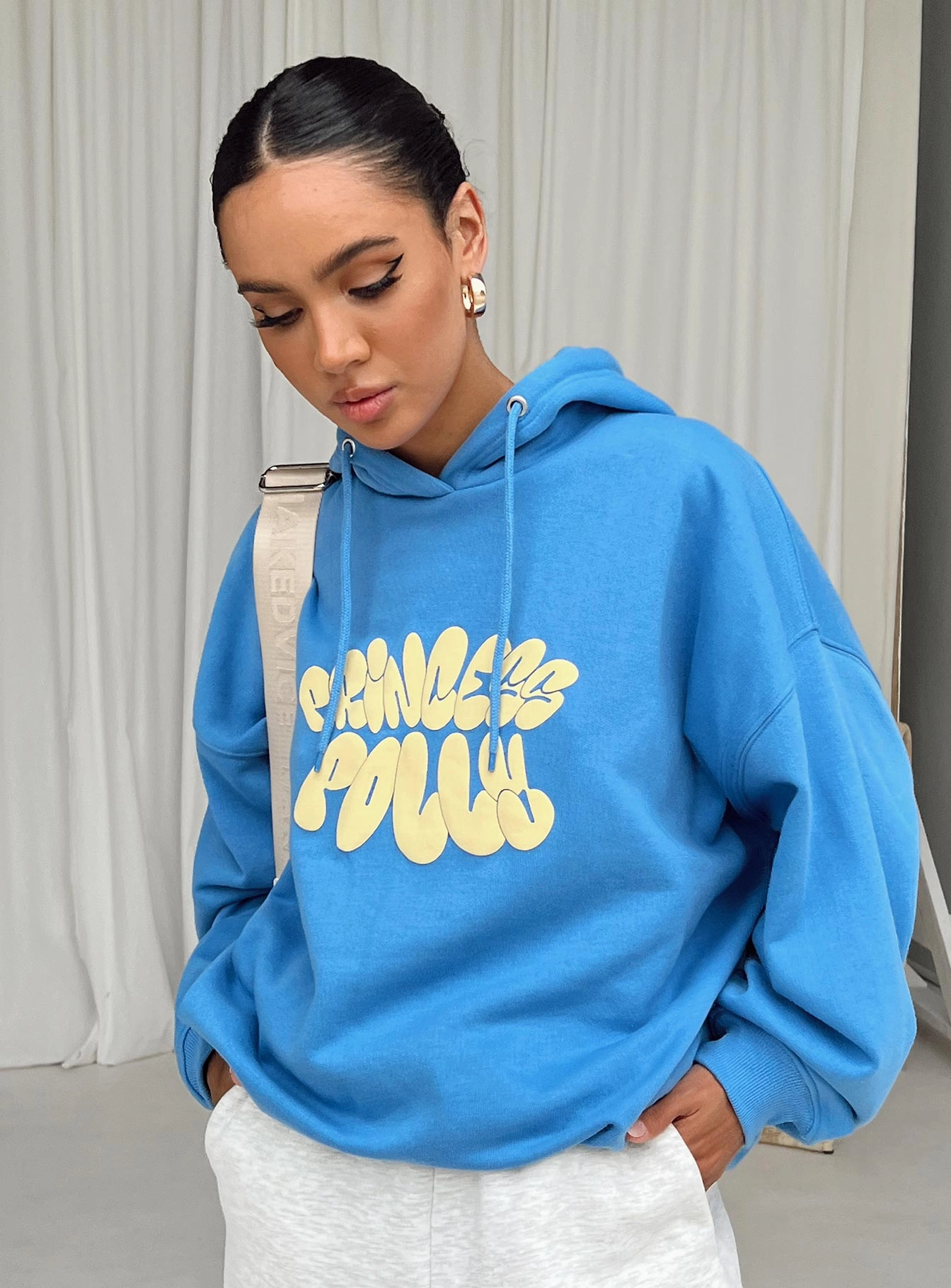 Princess Polly Hoodie Sweatshirt Bubble Text Blue / Yellow Relaxed Cut