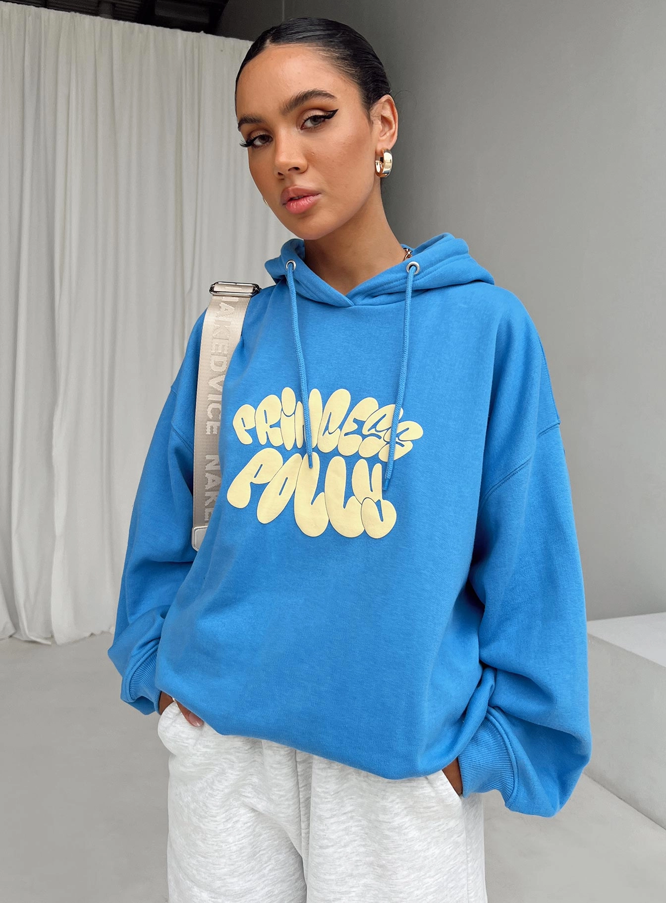 Princess Polly Hoodie Sweatshirt Bubble Text Blue / Yellow Wombat like Performance Wear