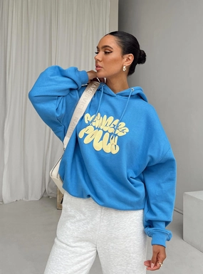 Princess Polly Hoodie Sweatshirt Bubble Text Blue / Yellow Cropped Style Reindeer like