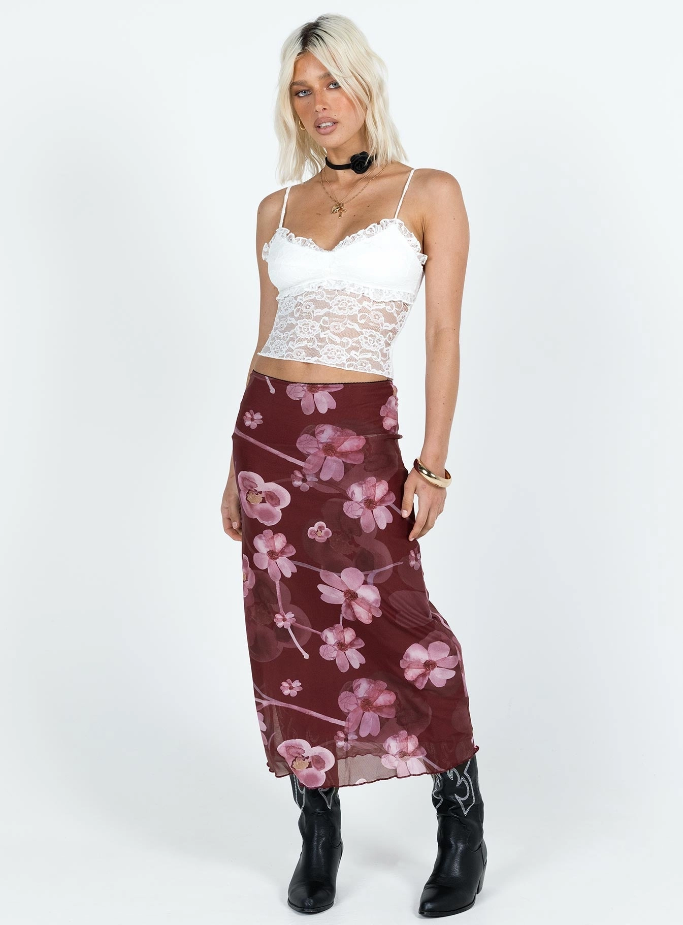 Lassie Midi Skirt Purple Floral Oversized style Faux Leather