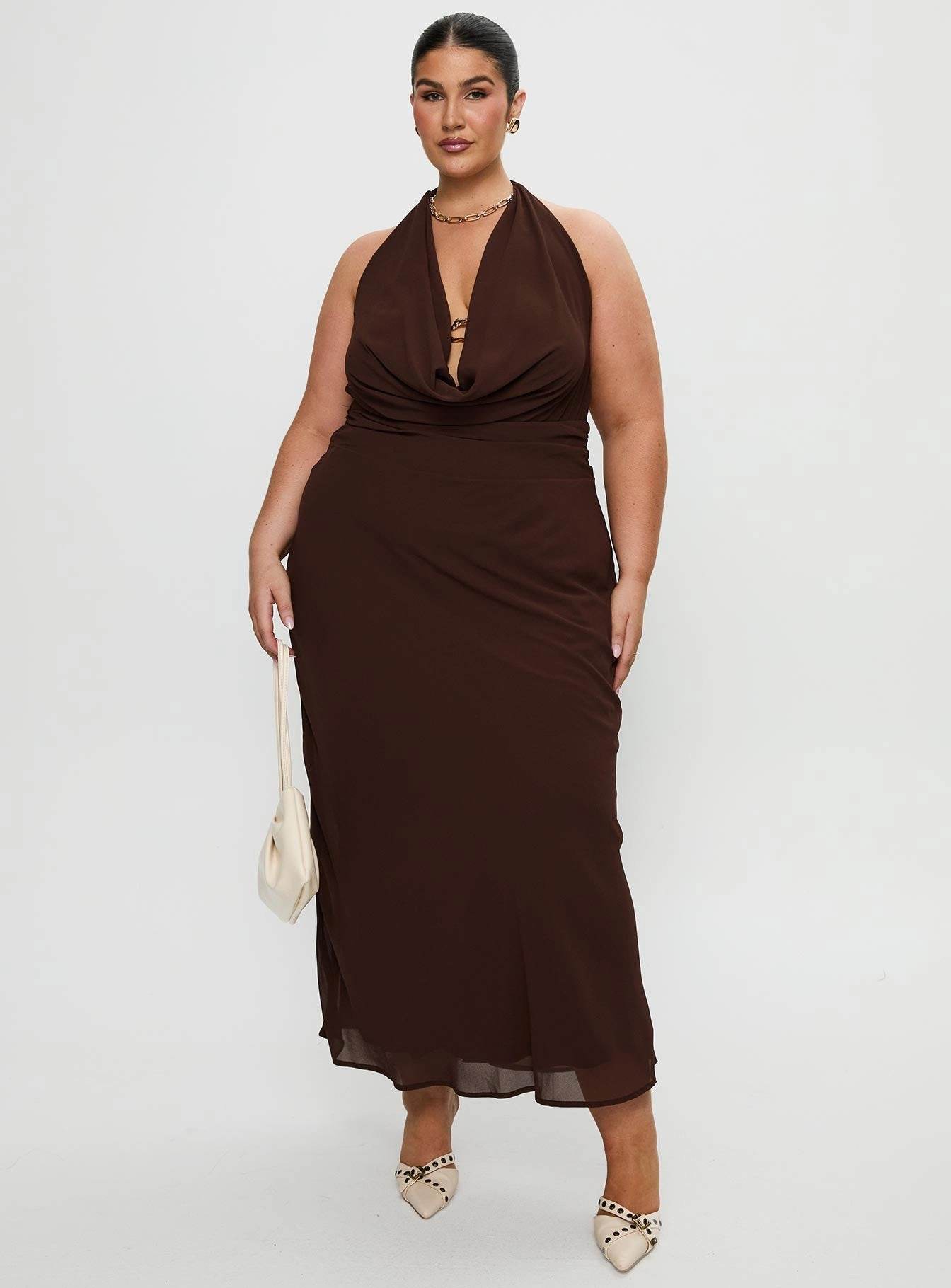 Everyday Style Vibrant patterned dress Alejandria Cowl Neck Maxi Dress Chocolate Curve