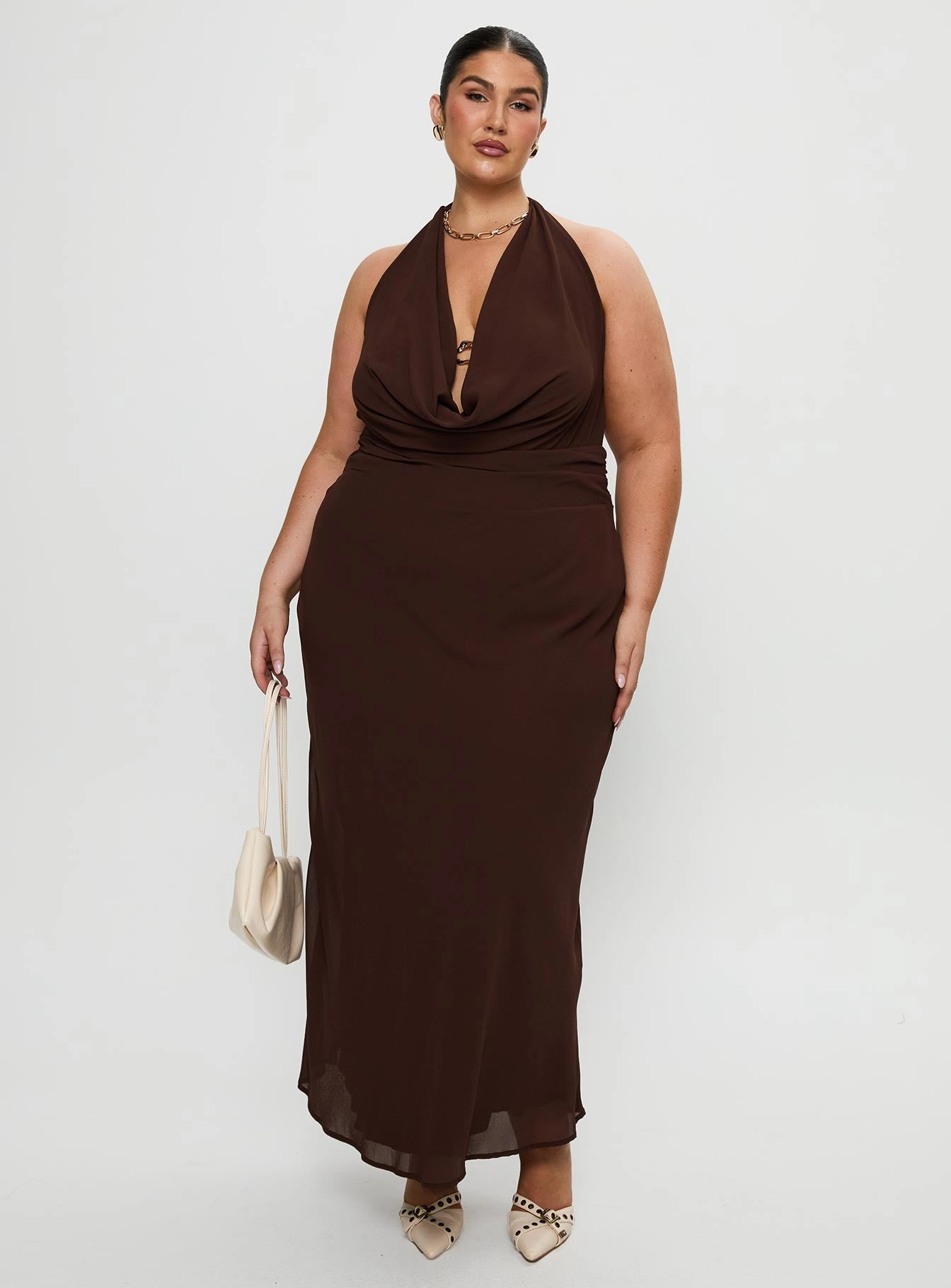 Light and Comfortable Alejandria Cowl Neck Maxi Dress Chocolate Curve