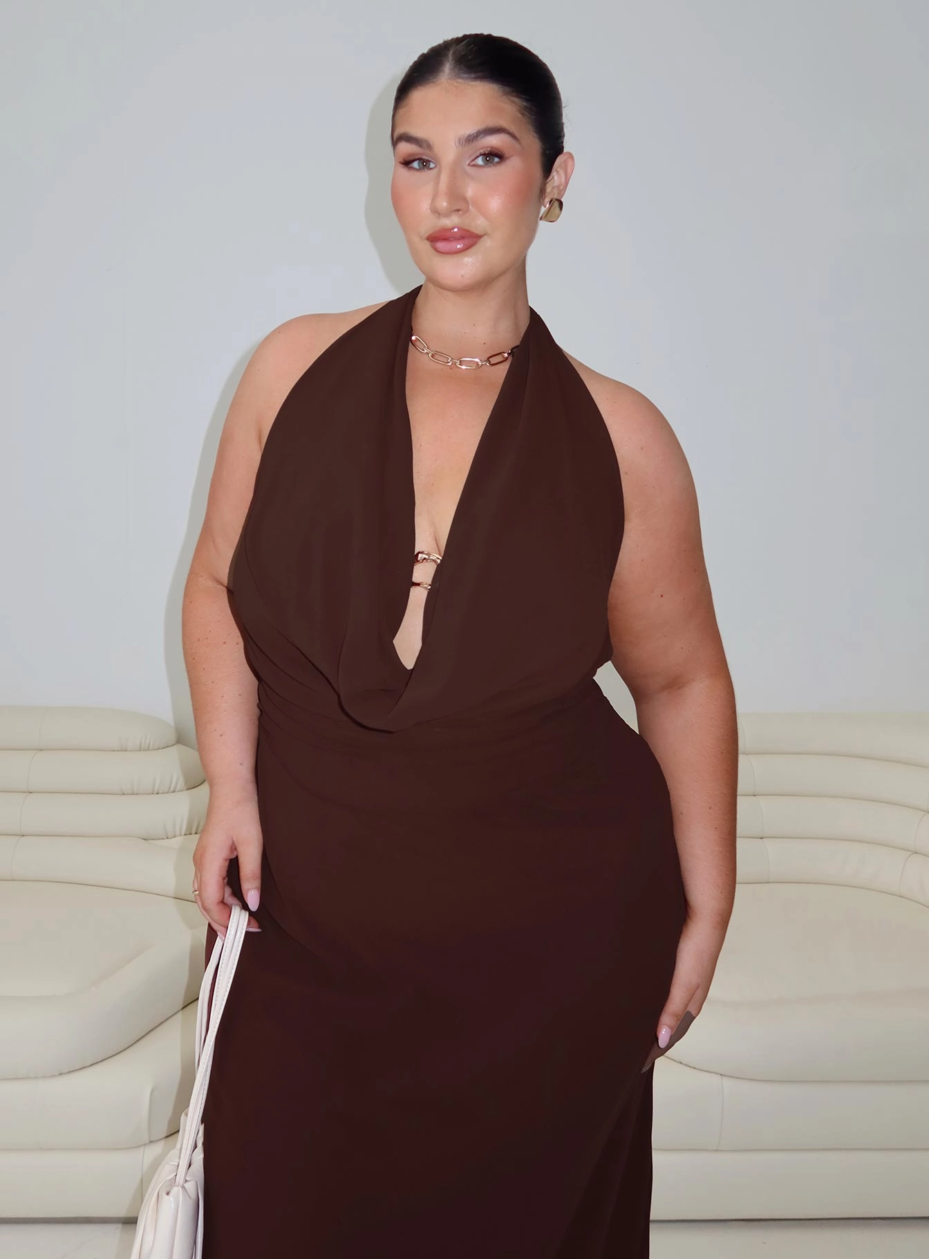 Alejandria Cowl Neck Maxi Dress Chocolate Curve Boat-Neck