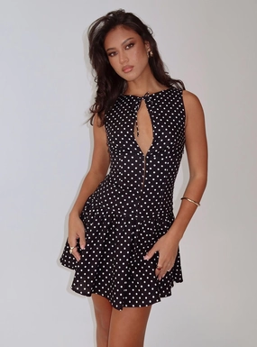 Alissea Keyhole Linen Blend Mini Dress Black Polka Layering-Piece