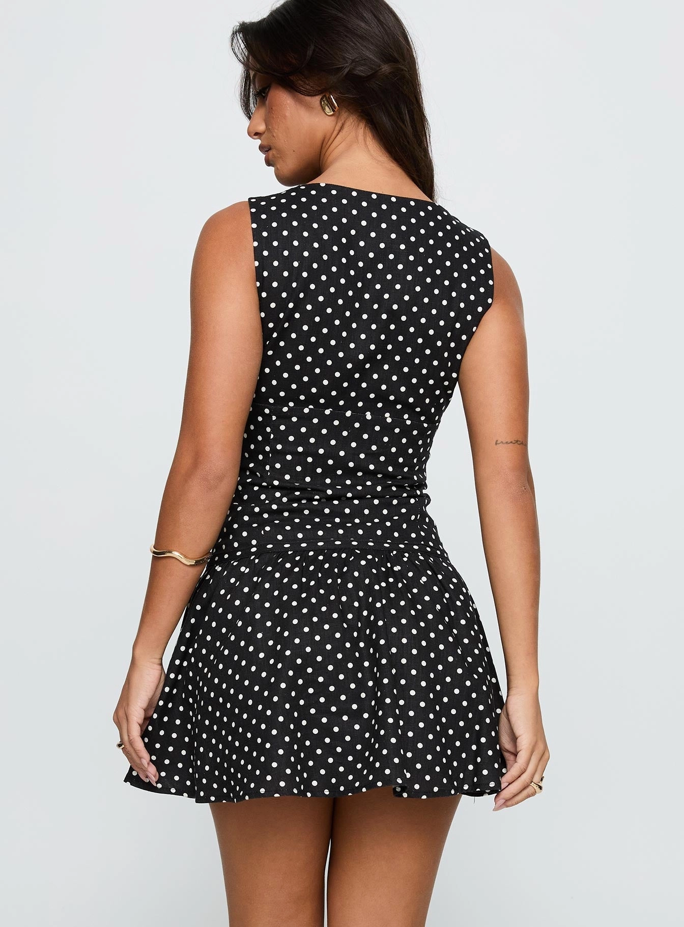 Dark Tones Alissea Keyhole Linen Blend Mini Dress Black Polka