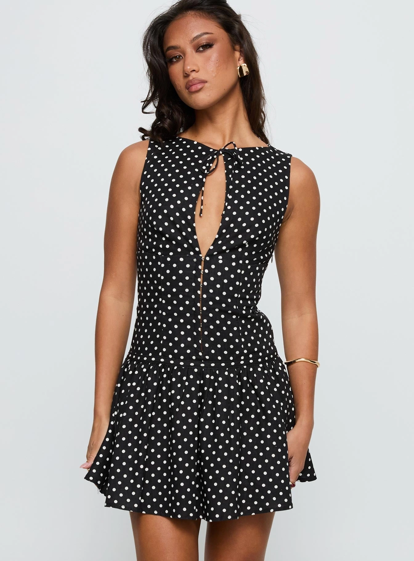 Alissea Keyhole Linen Blend Mini Dress Black Polka Cinched-Waist