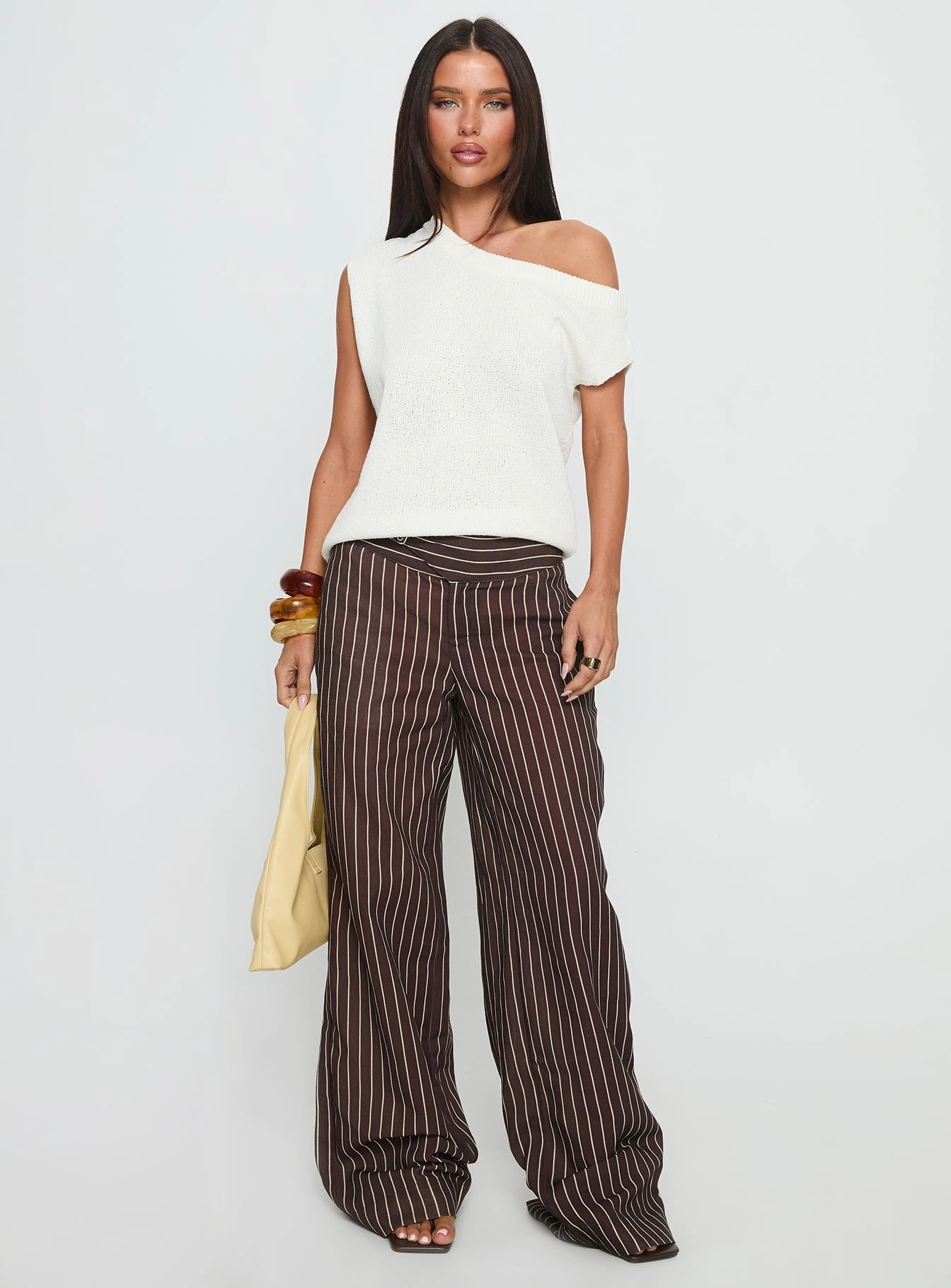 Winslie Thick Waistband Buckle Pants Chocolate Stripe Street Comfort