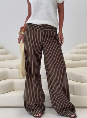 Winslie Thick Waistband Buckle Pants Chocolate Stripe Relaxed Fit Design Sporty Style