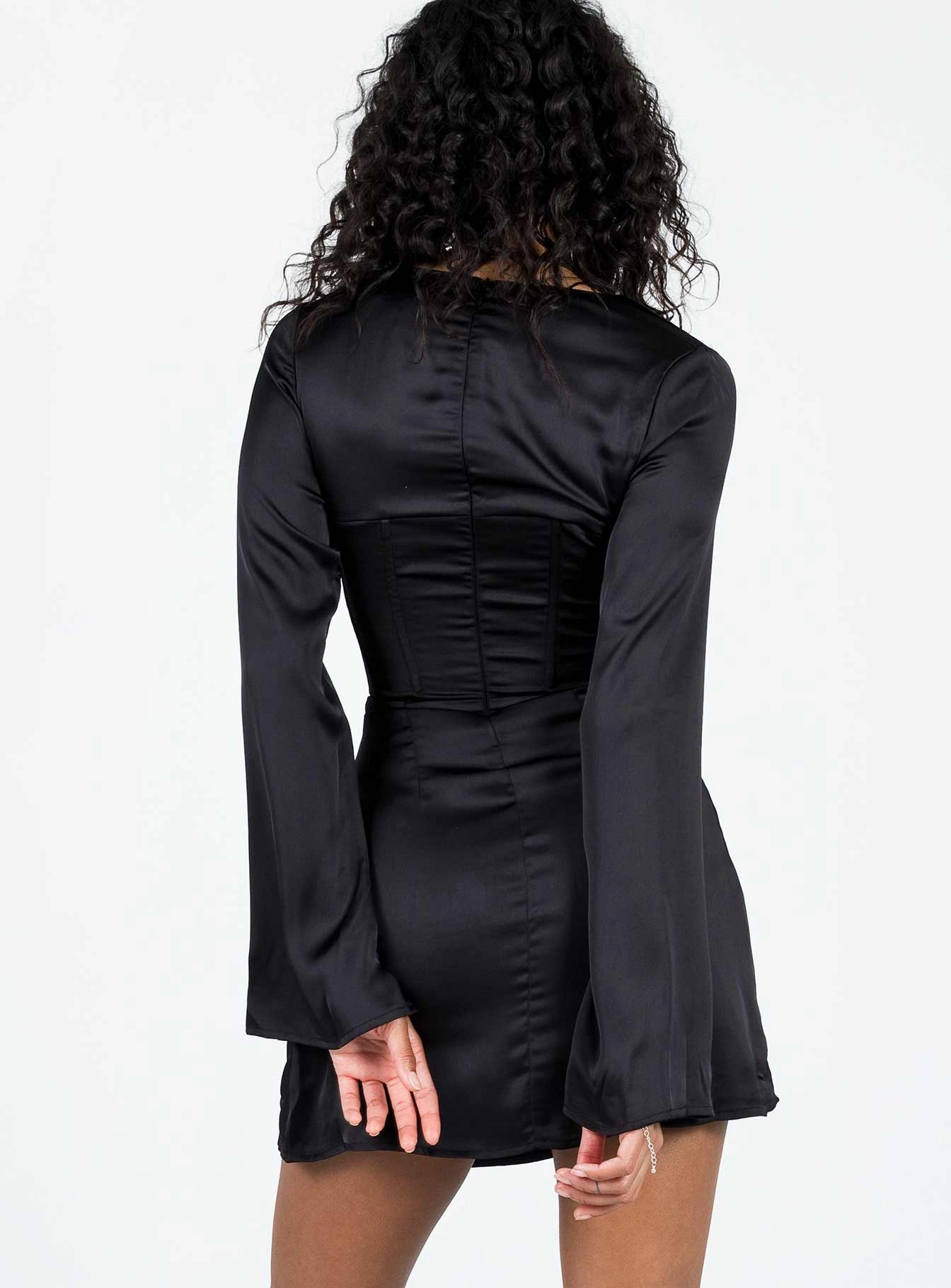 Piped-Edge Gael Long Sleeve Mini Dress Black