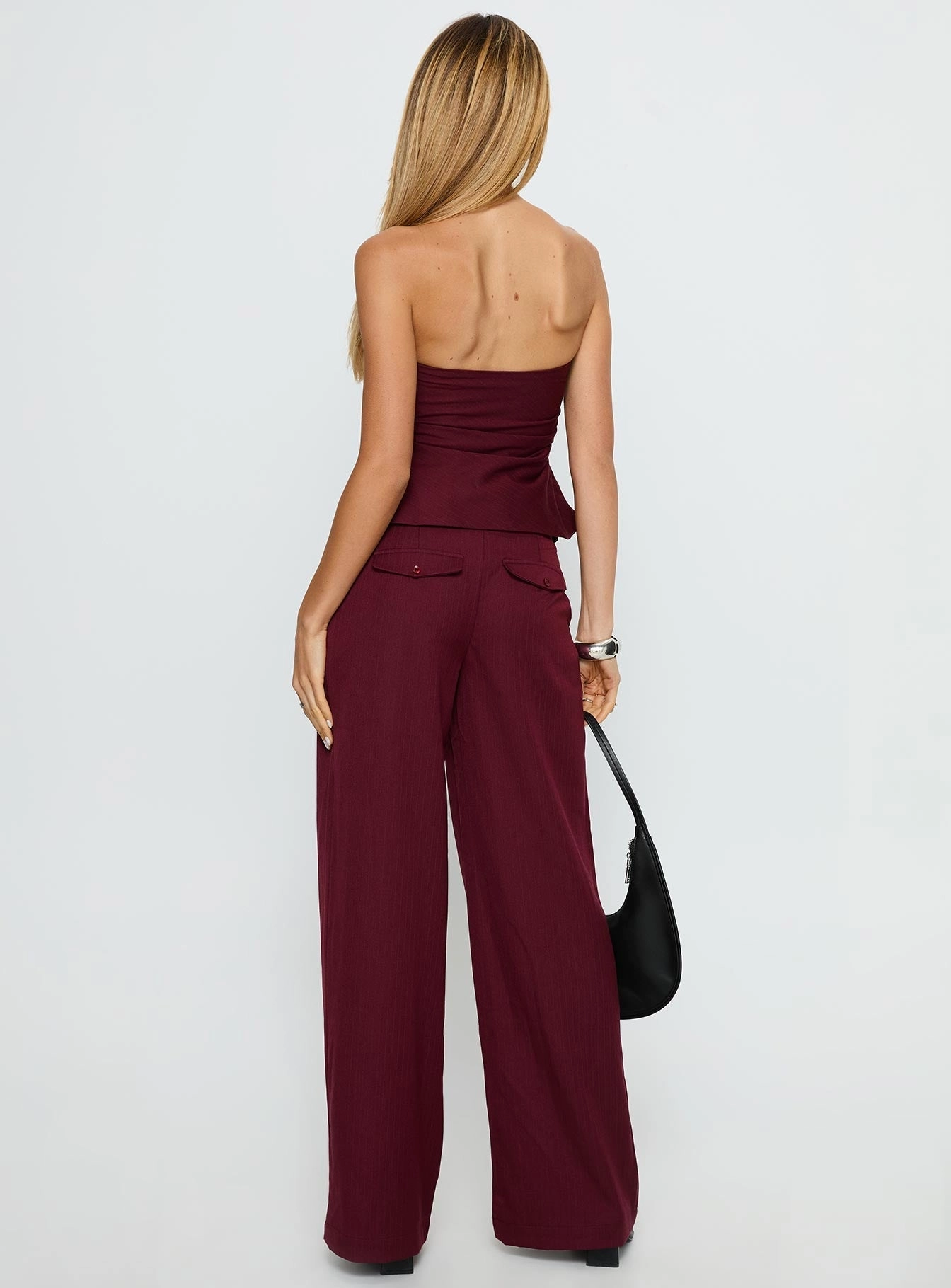 Snug Waist Water-resistant Jinny Relaxed Buckle Tailored Pants Berry Pinstripe