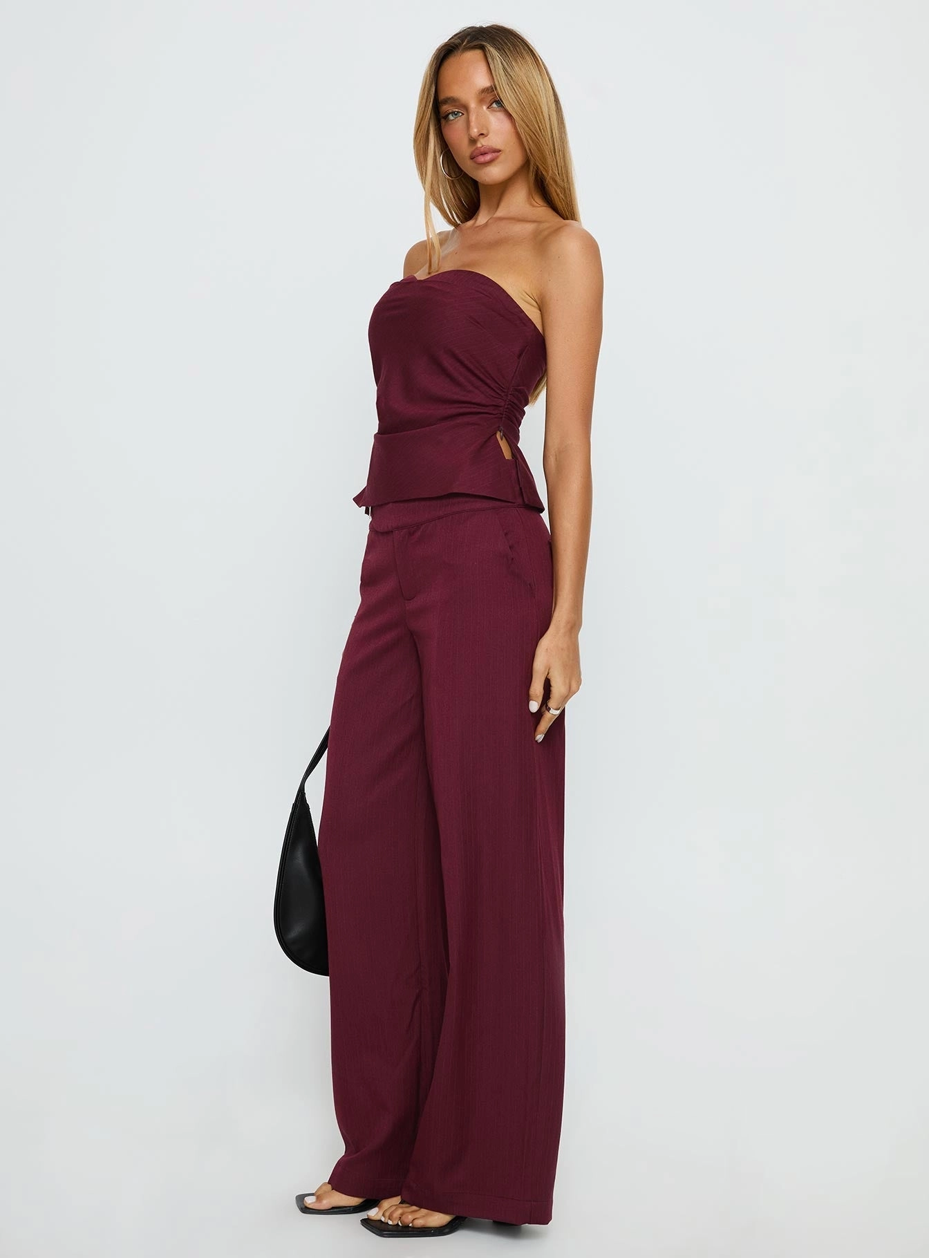 Jinny Relaxed Buckle Tailored Pants Berry Pinstripe Tagless Labeling Relaxed Comfort