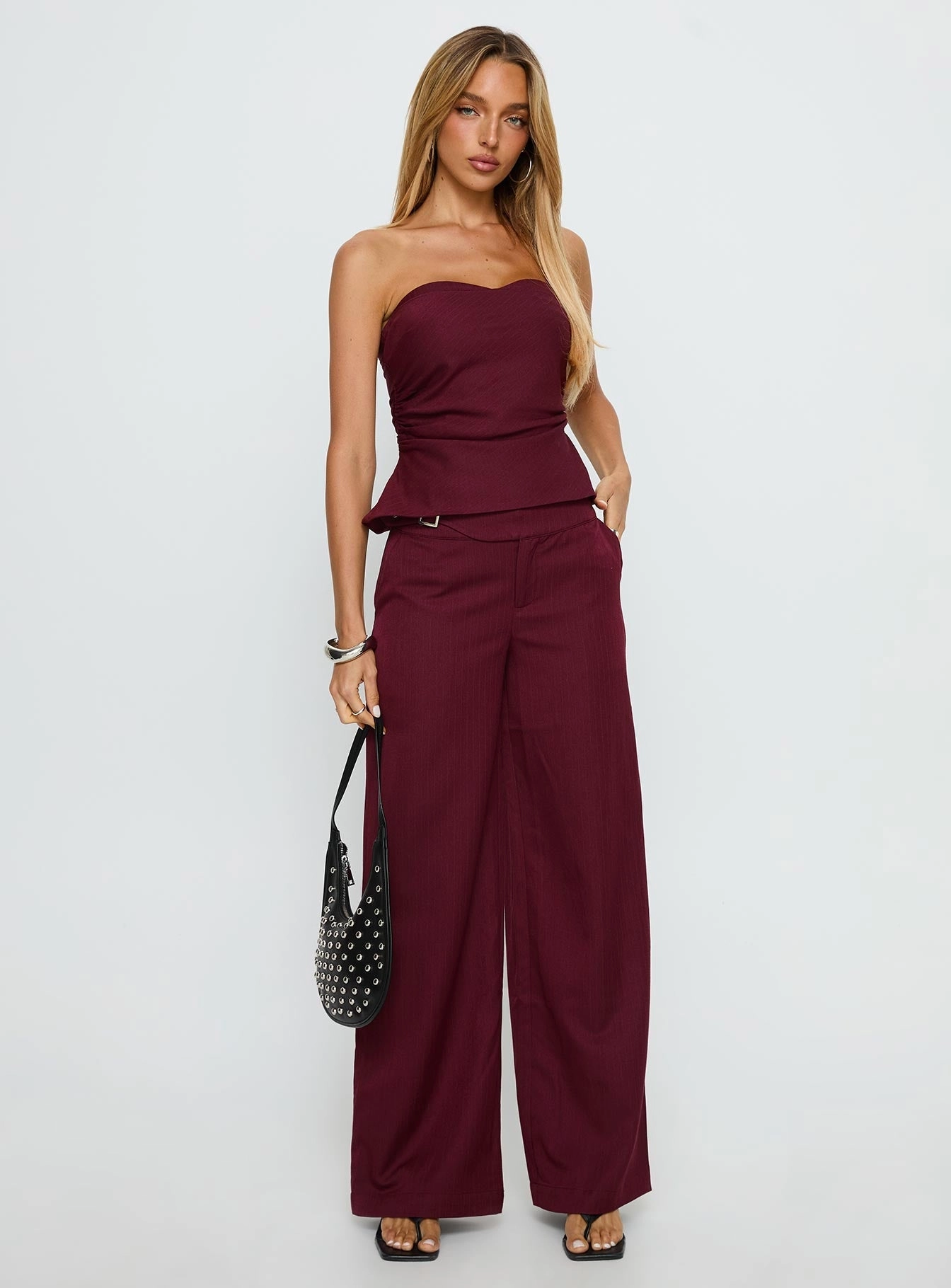 Work Ready Timeless Comfort Fit Jinny Relaxed Buckle Tailored Pants Berry Pinstripe