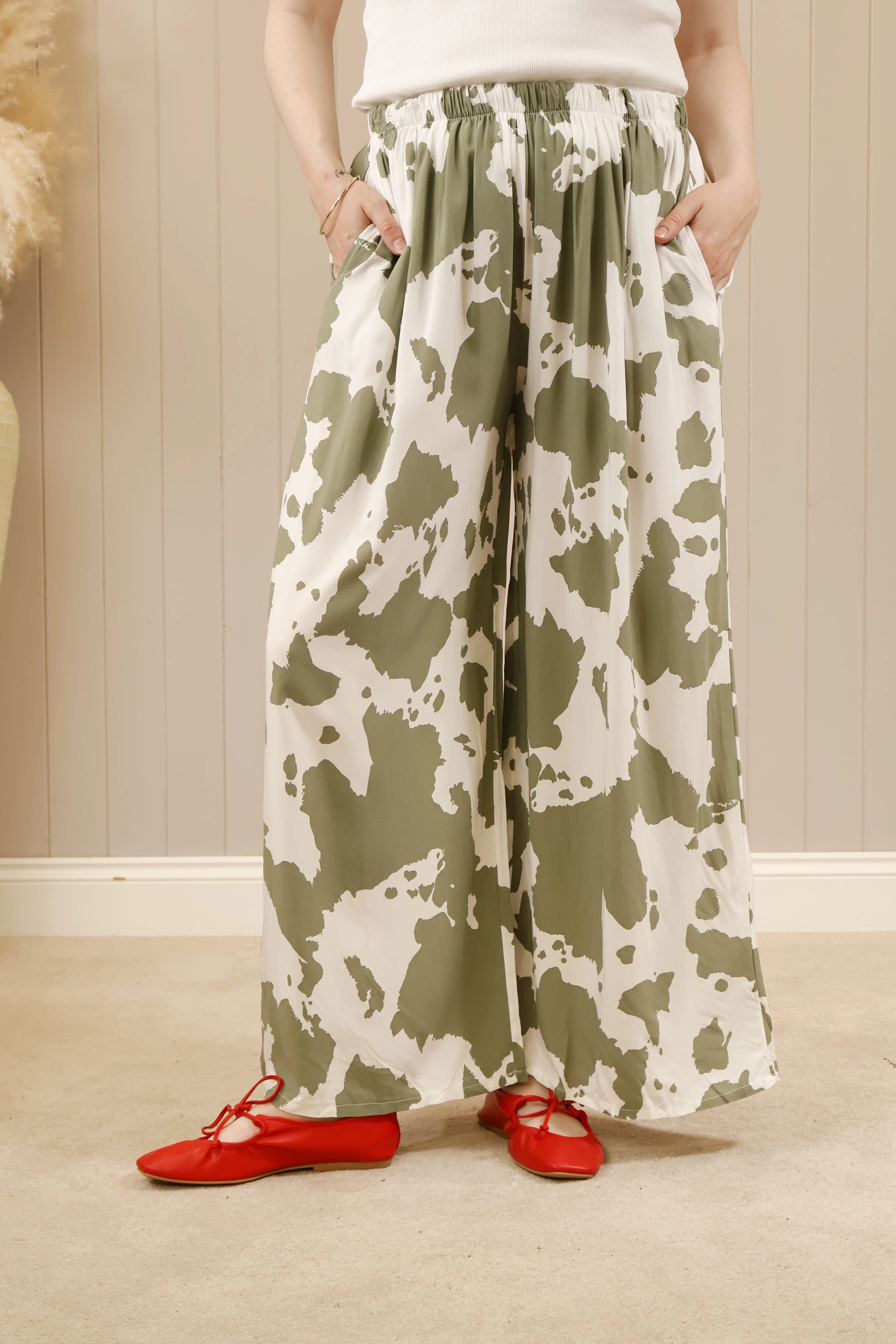 Layer-Friendly Fit Cow Print Trousers Khaki