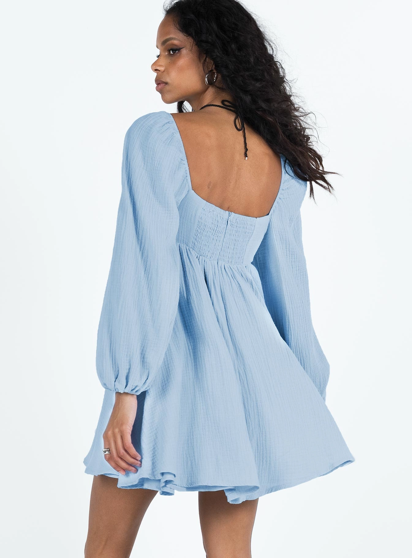 Lorna Long Sleeve Mini Dress Blue button detail