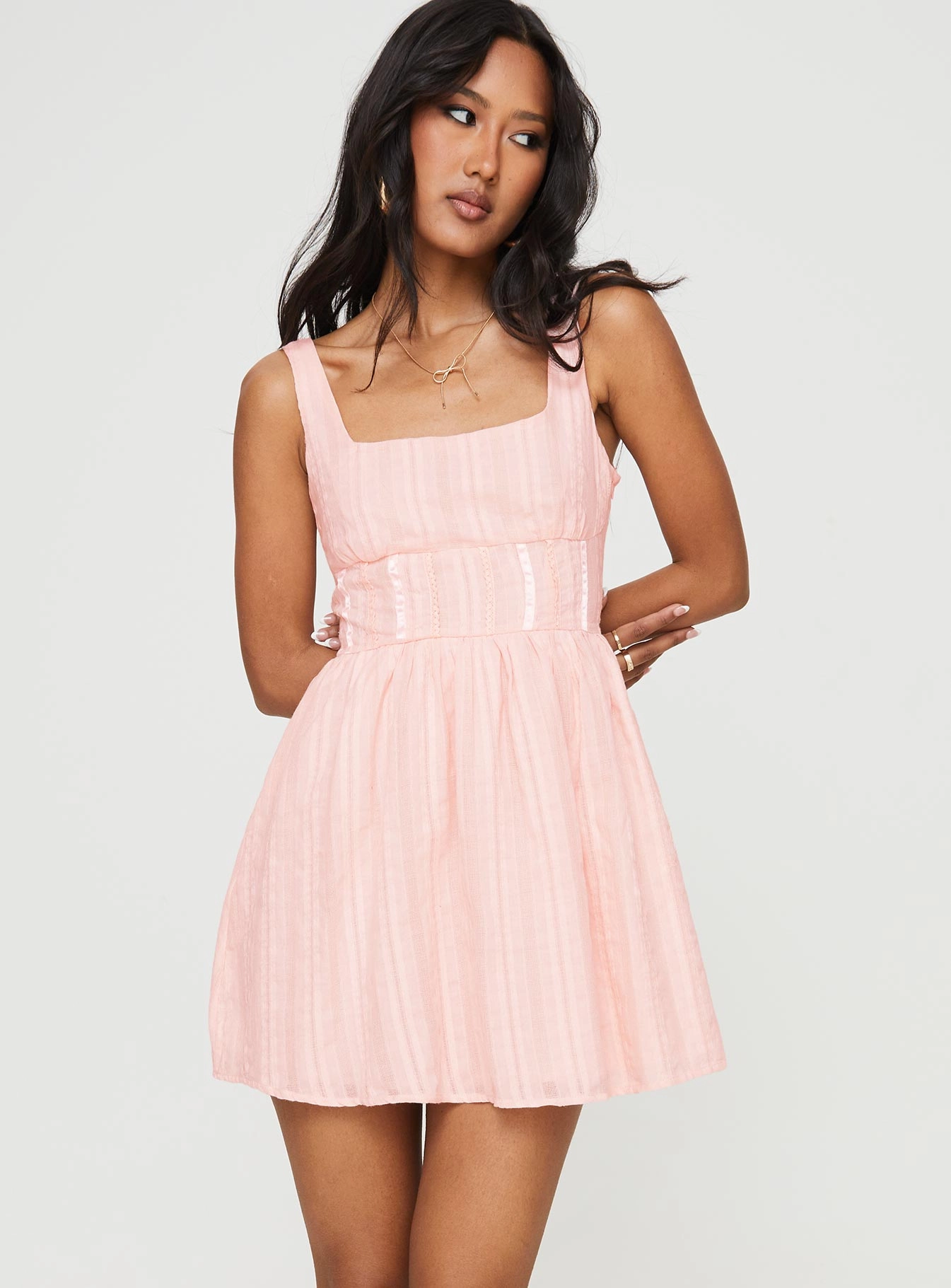 Lorinda Mini Dress Pink Belt Waist Sculpted Fit