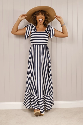 Bow Tie Striped Dress Navy Evening Chic Embroidered-Detail