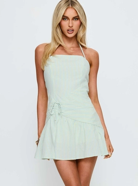 Sleek Draping Allysia Halter Frill Detail Playsuit Blue / Green Stripe