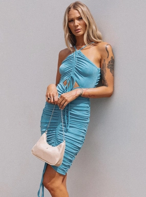 Amanza Midi Dress Blue Puff-Sleeve Work Mood