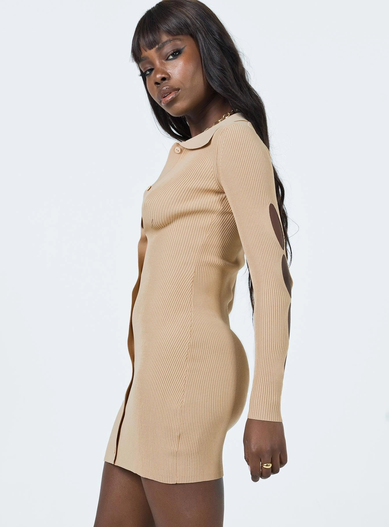Gathered-Detail Elegant Look Angelica Mini Dress Beige