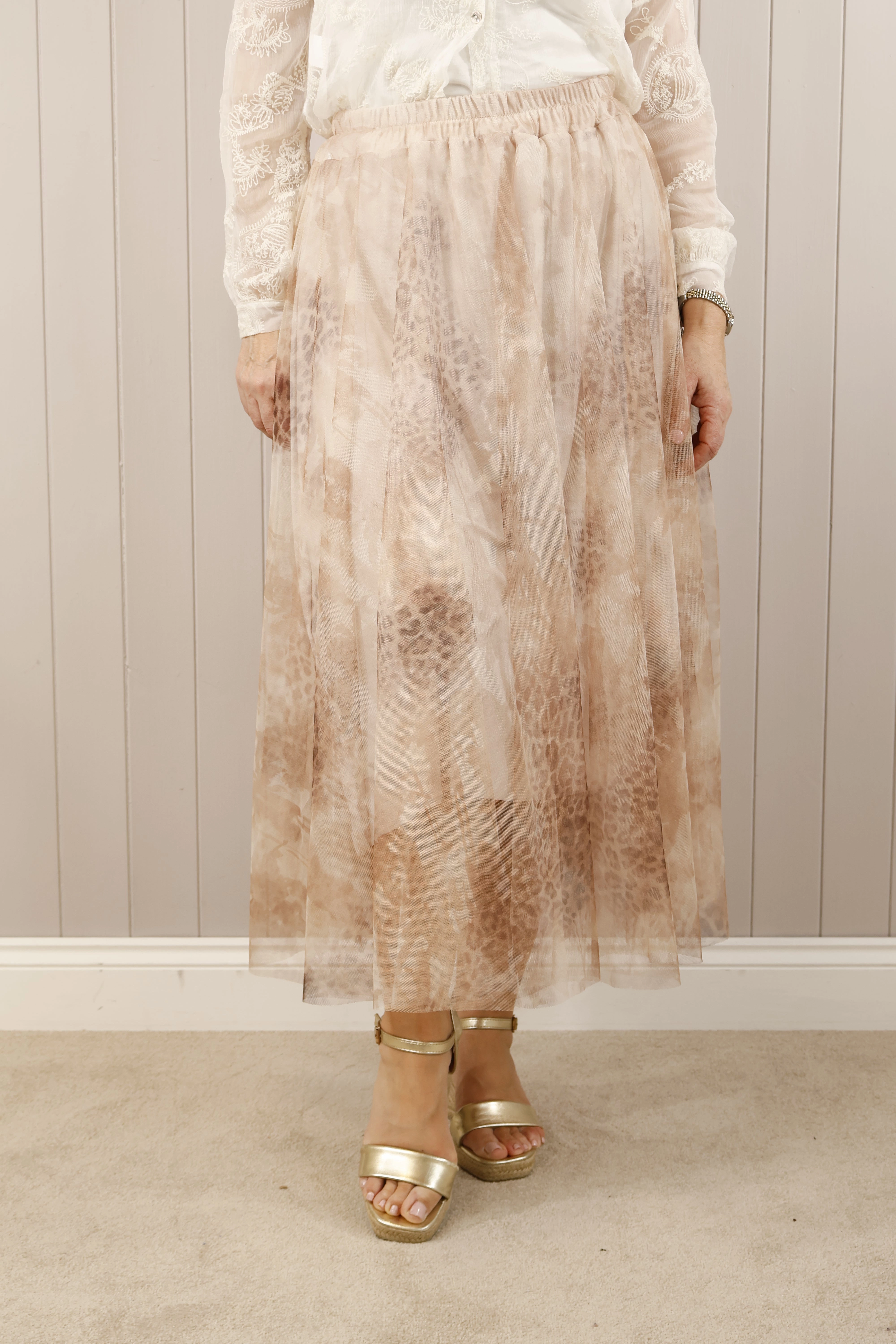 High End Quality Lightweight Fabric Animal Print Tulle Skirt Beige
