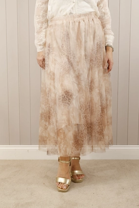 High End Quality Lightweight Fabric Animal Print Tulle Skirt Beige