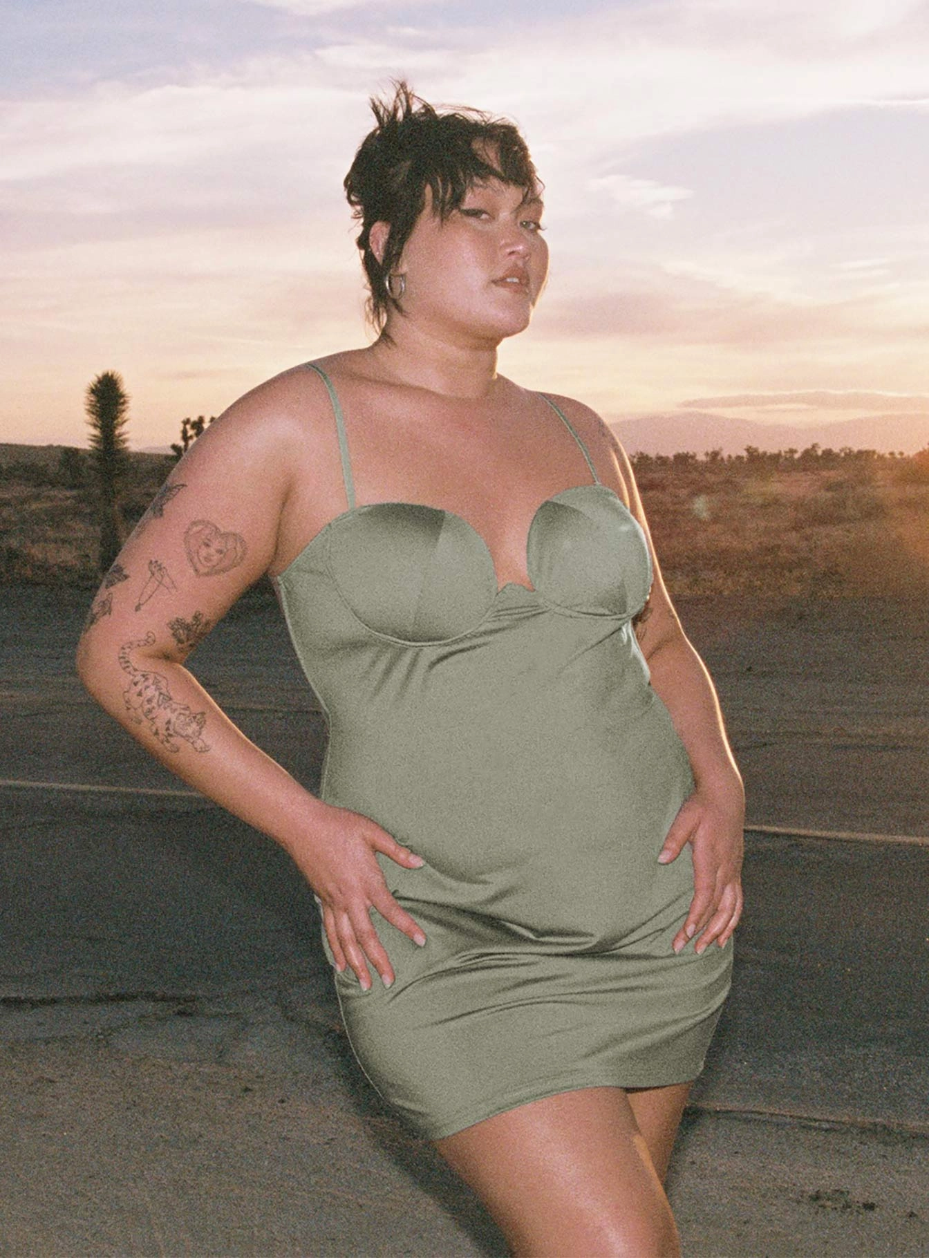 Comfy Wear Sheer Look Annalise Mini Dress Khaki Curve