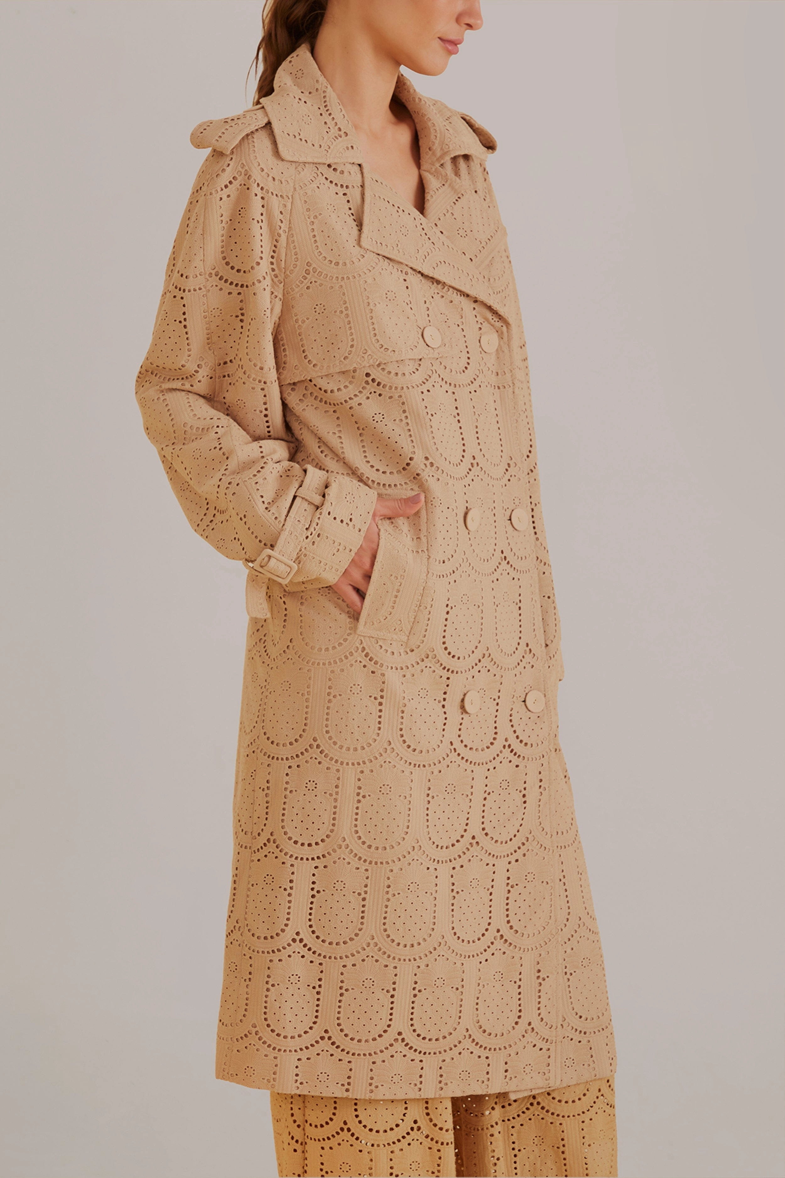 Khaki Pineapple Cotton Eyelet Trench Coat Minimal Travel Look Comfy Fit
