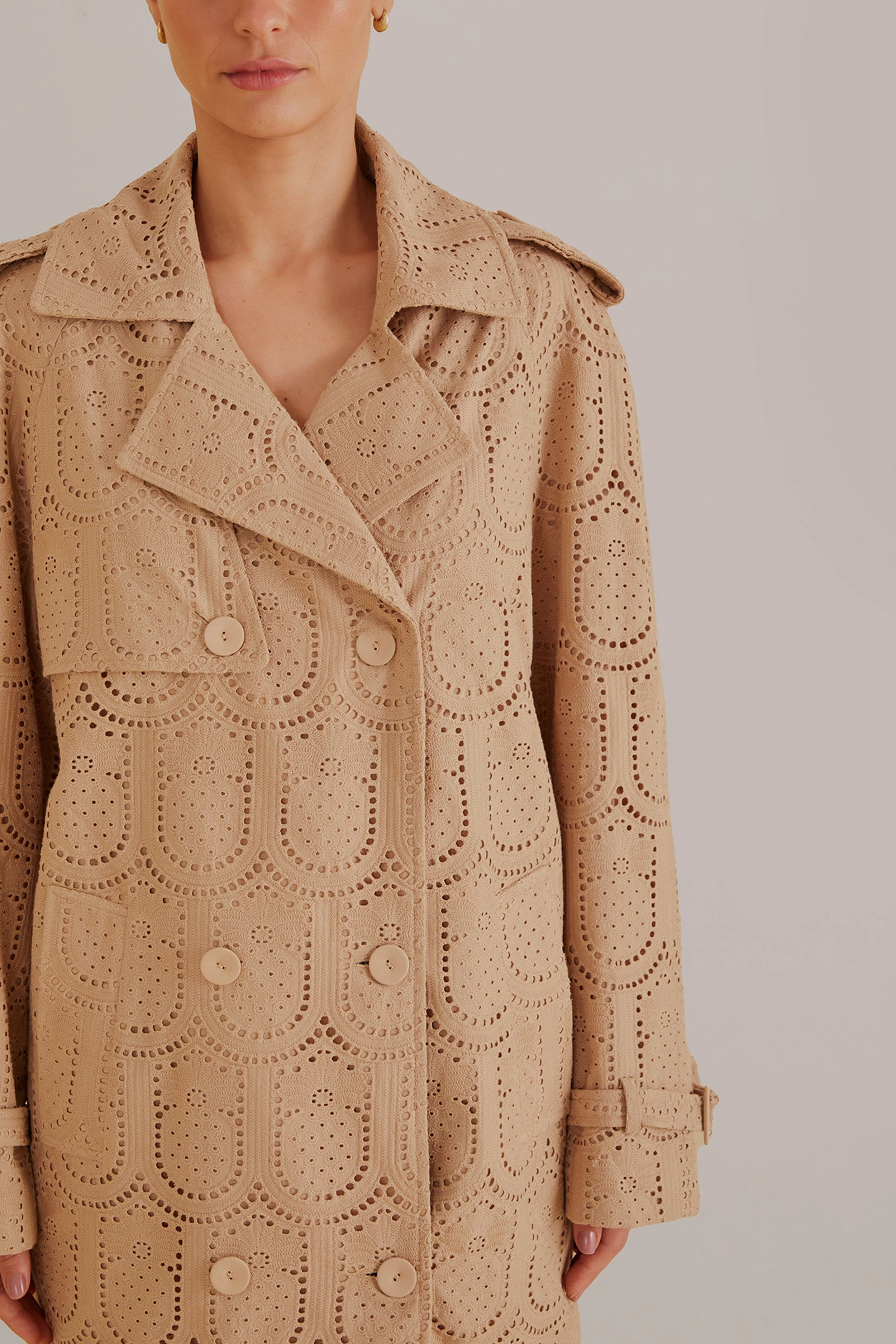 Khaki Pineapple Cotton Eyelet Trench Coat TapedZippers Lined Pockets