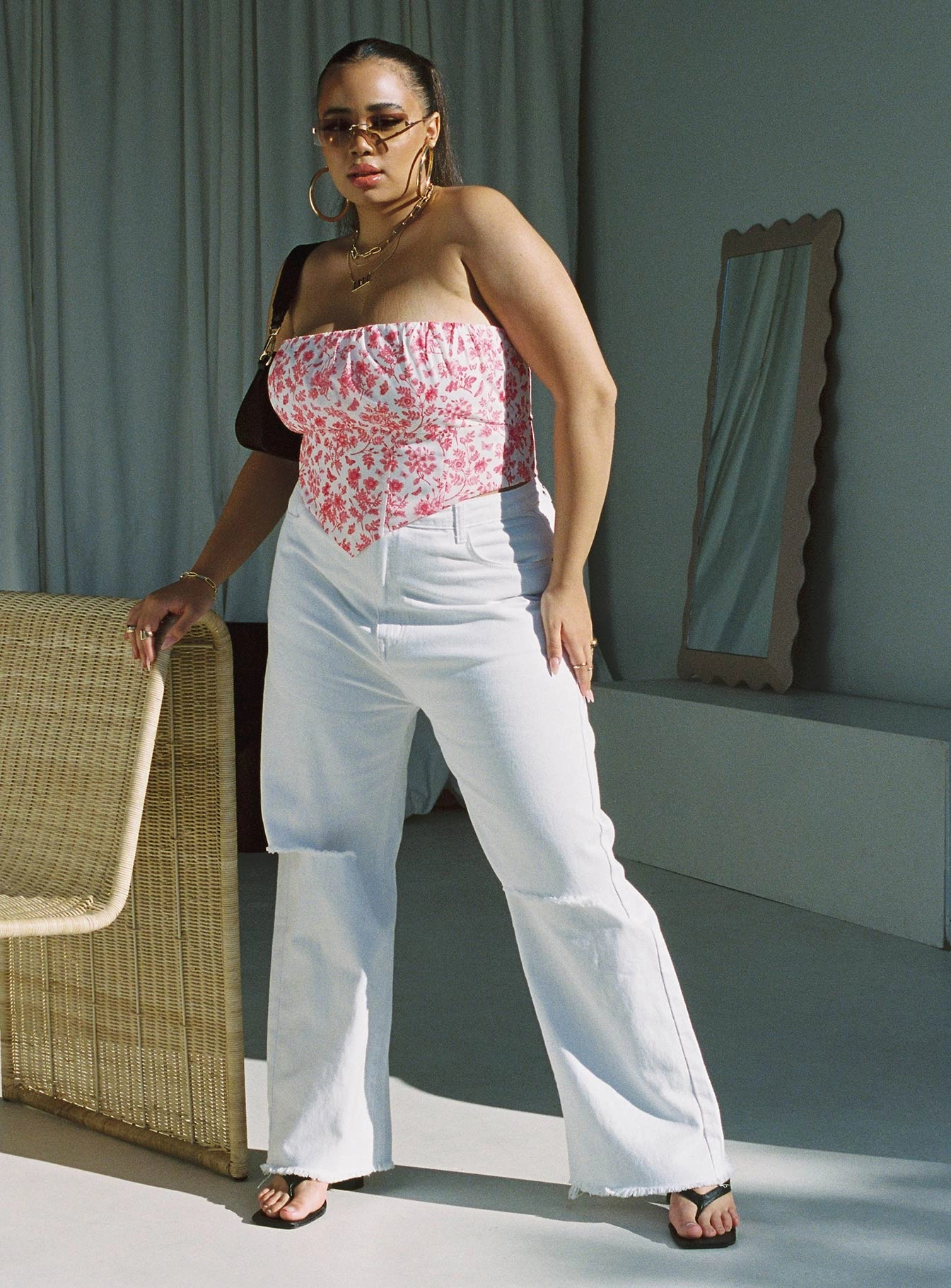 Simple Fashion Classic Wear Slim Cece Hammer Wide Leg Knee Rip Jeans White Denim Curve