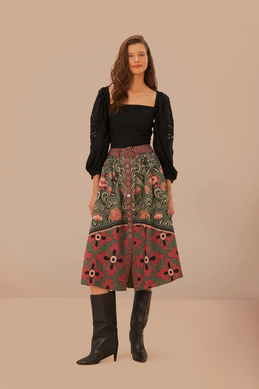 Roll Up Fasten All Day Arabesque Floral Green Buttons Midi Skirt