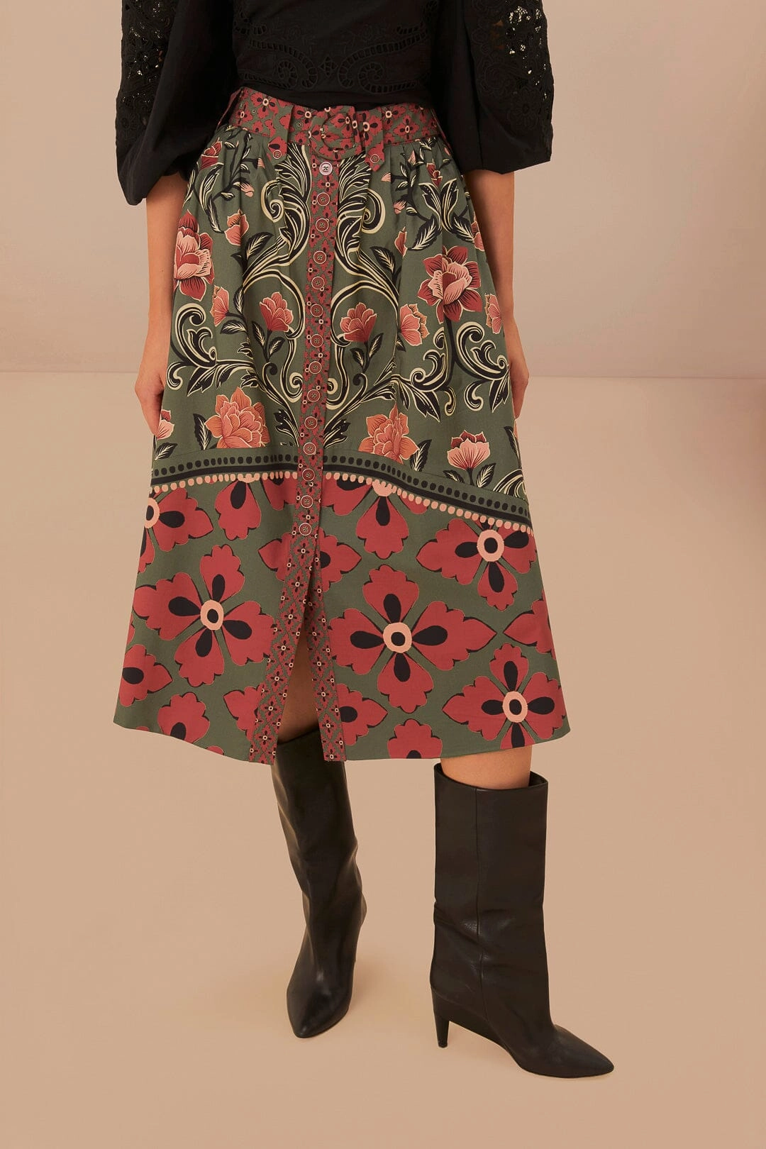 Arabesque Floral Green Buttons Midi Skirt smooth zipper