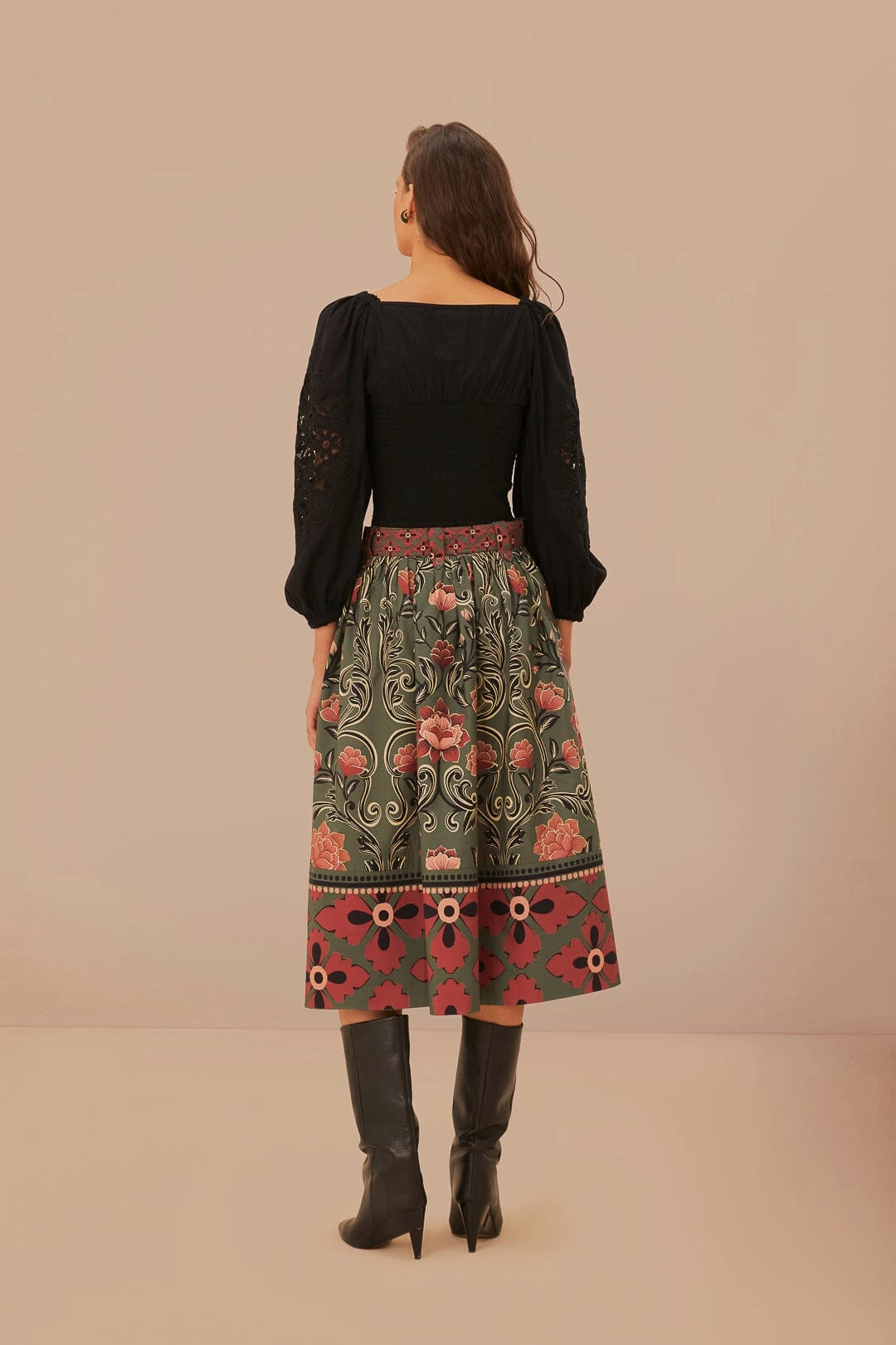 Comfort Mood Arabesque Floral Green Buttons Midi Skirt
