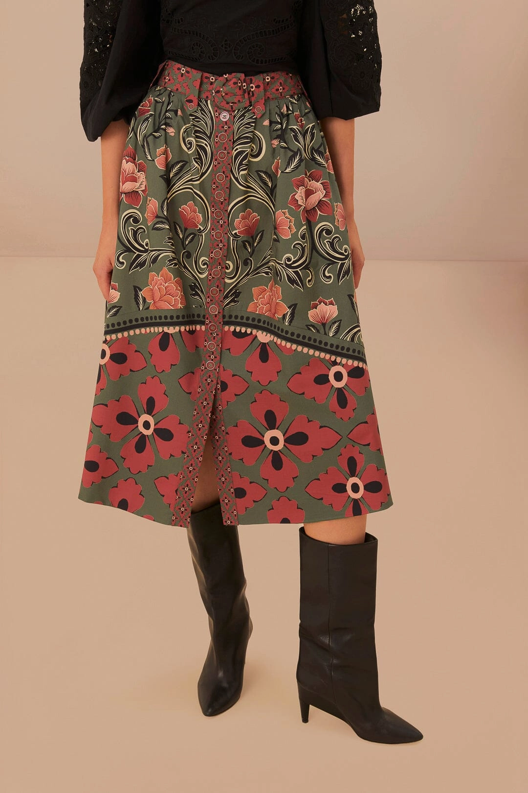 Outfit Shot Double Stitched Arabesque Floral Green Buttons Midi Skirt