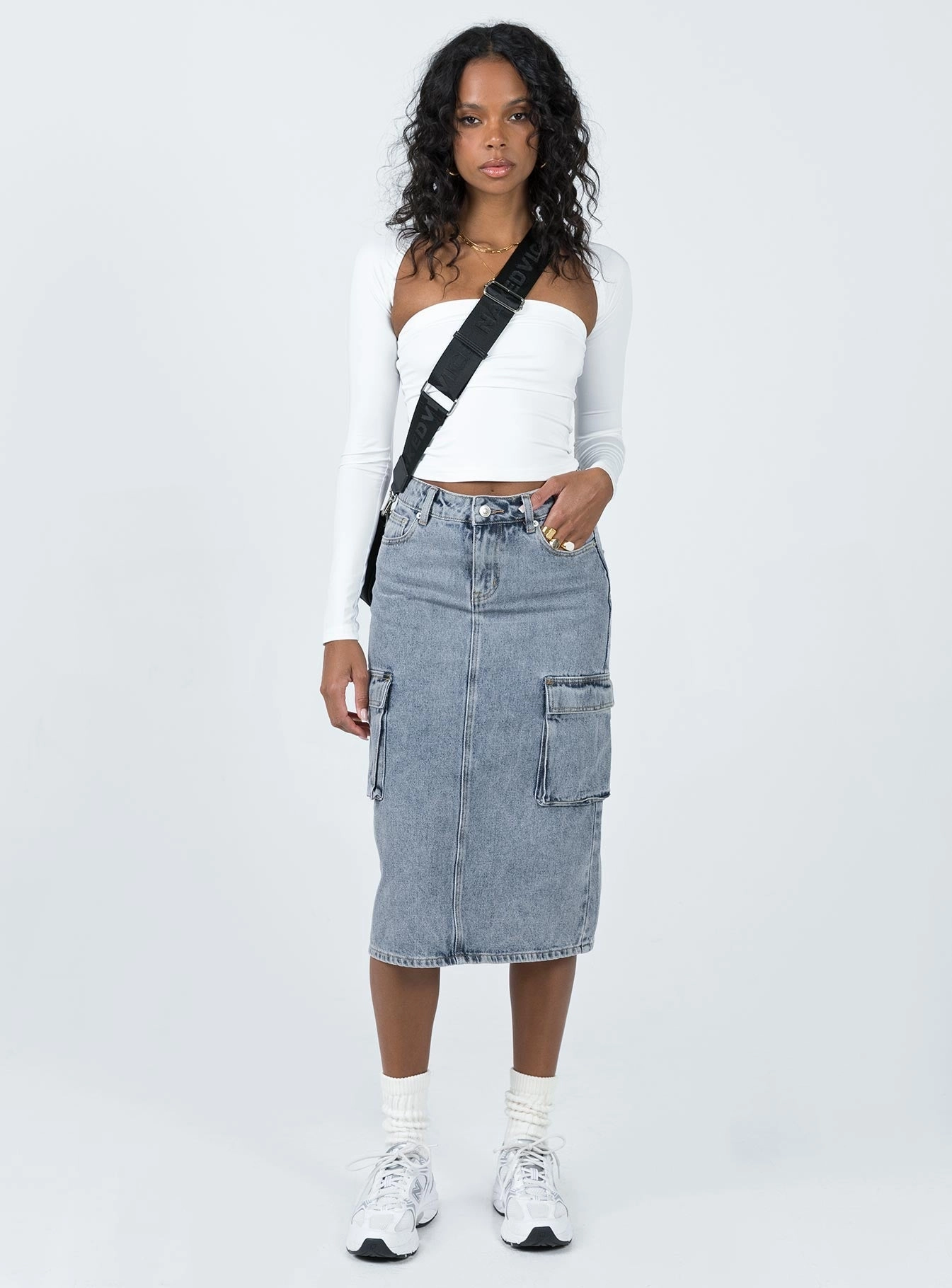 Striped Design Ariaahs Cargo Midi Skirt Denim