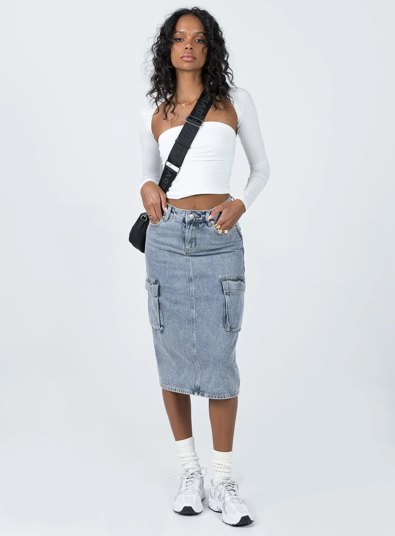 Ariaahs Cargo Midi Skirt Denim Hip Skimming Crisp Look