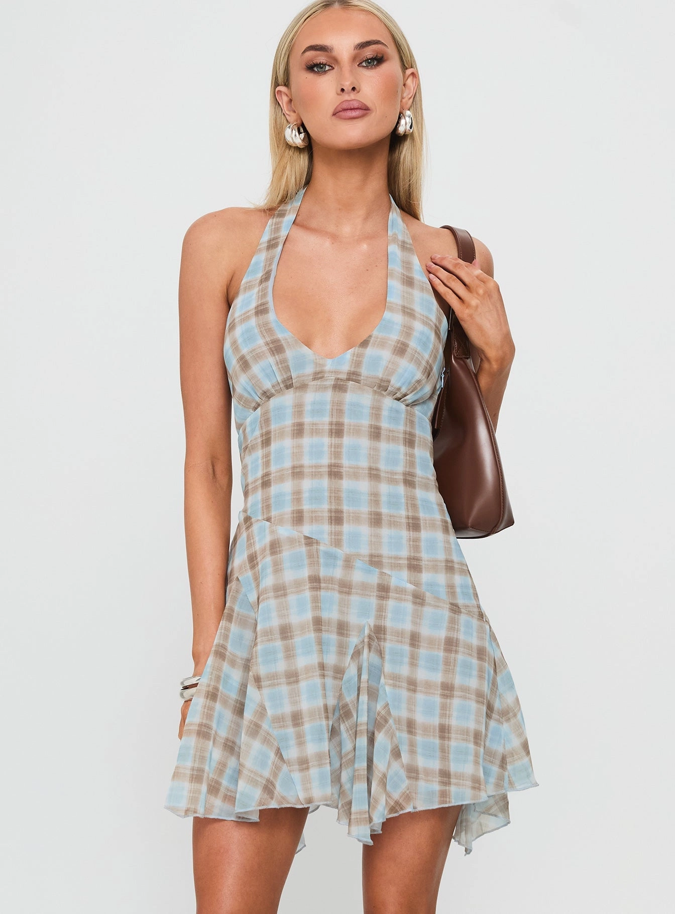 Valorie Halter Mini Dress Blue Check Sheer Overlay